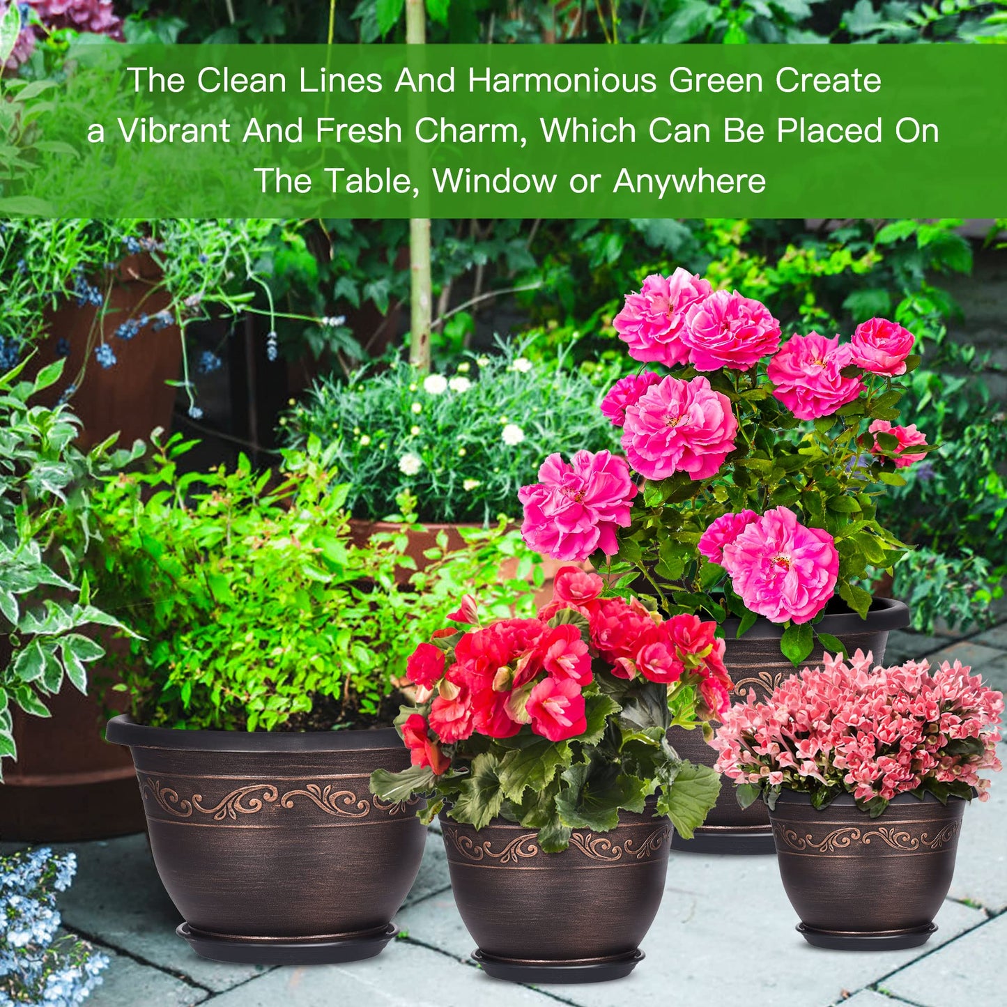 Plastic-Plant-Flower-Planters-12 Inch with Drainage Hole & Saucer, 3 Packs Lightweight Small Resin Flower Pot Indoor Outdoor, Retro Antique Imitation Decorative Garden Containers Sets for Houseplants