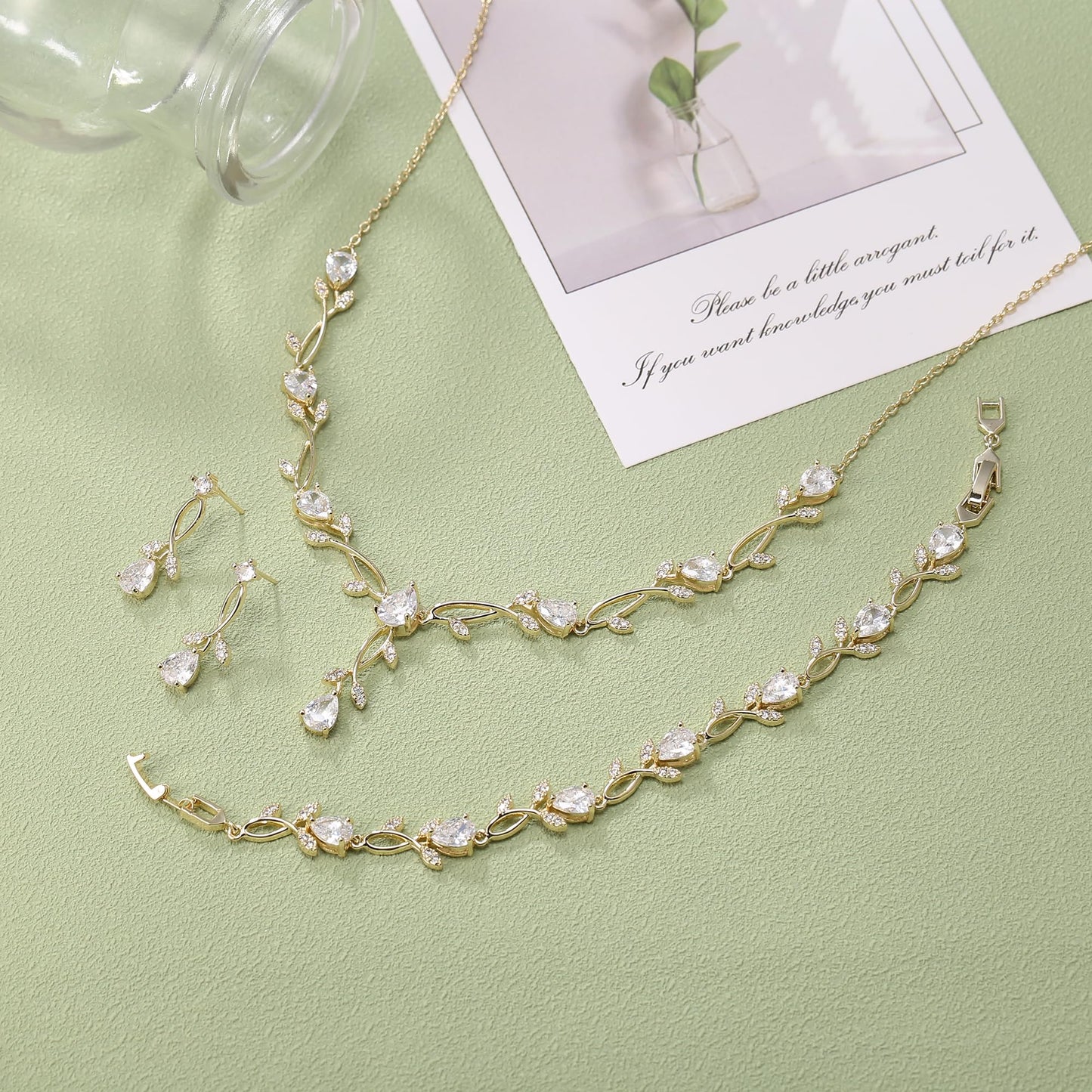 EVER FAITH Wedding Jewelry Set for Bride Bridesmaid, Gold-Plated-Brass Teardrop Cubic Zirconia Leaf Vine Bridal Prom Necklace Dangle Earrings Bracelet Sets for Women
