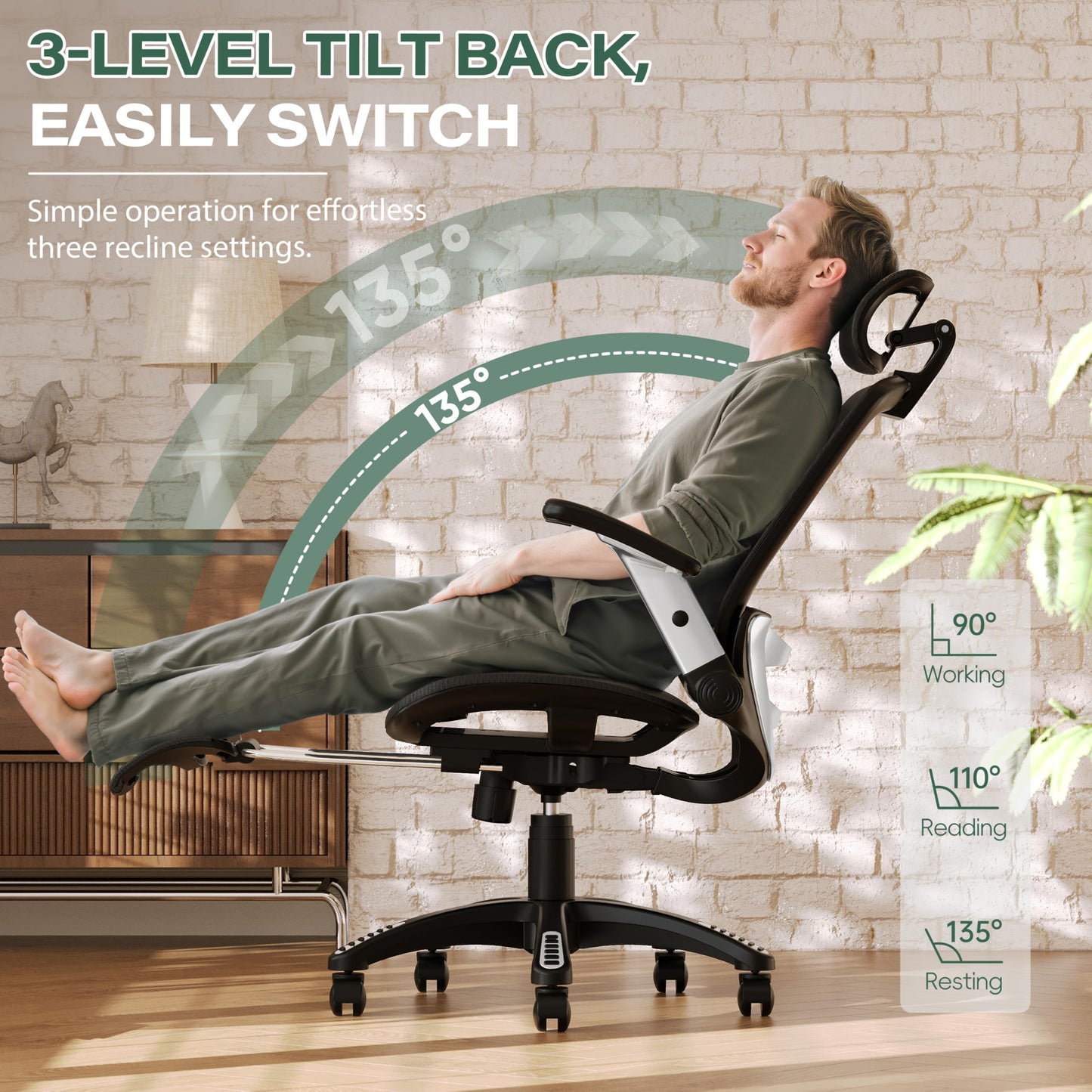 GABRYLLY Ergonomic Office Chair with Footrest, High Back Home Desk Chair - 3D Headrest, Flip-Up Arms, 135° Tilt and Wide Cushion, Heavy Duty Mesh Chairs for Task Computer Gaming,GYB01-FT