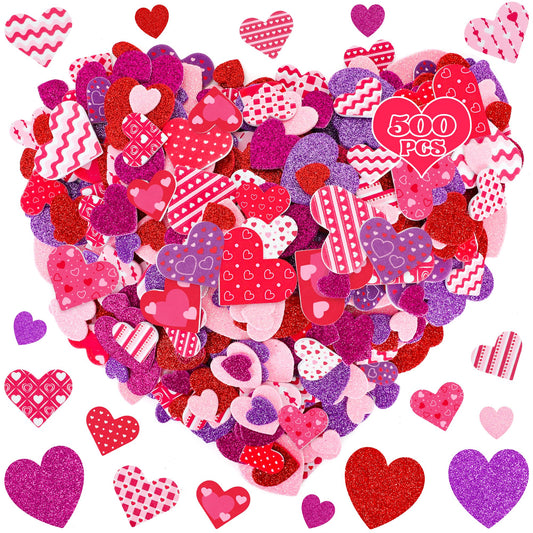 500 PCS Valentines Stickers, Self-Adhesive Foam Heart Stickers for Craft Lovers, 3 Sizes Glitter Polka Dots Stripe Valentines Decor, Bulk Valentine Crafts Red Pink DIY Decor for Frames Presents Cards