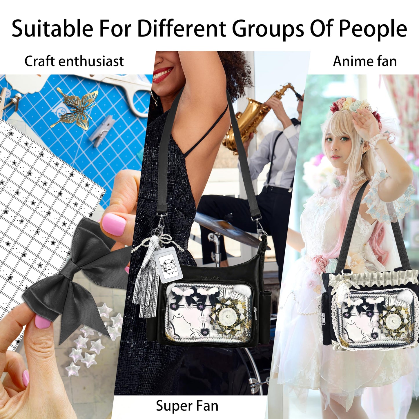 85 Pcs DIY Ita Bag Accessories with Insert Panels,Ribbons,Ita Bag Decor with Bows, Wings, Hearts, Stars, Pom-Pom, Making Supplies for Handicraft Enthusiast, Celebrity Fan, Anime Fan (Black)