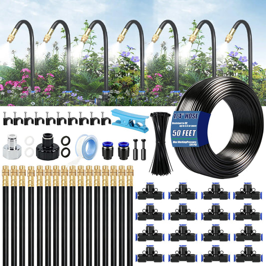 Dianrui Drip Irrigation System—50FT 1/4" Garden Watering System with 16pcs Copper Nozzles, 360° Curved Garden Automatic Irrigation System for Garden/Lawn/Greenhouse/Raised Beds/Outdoor Plants