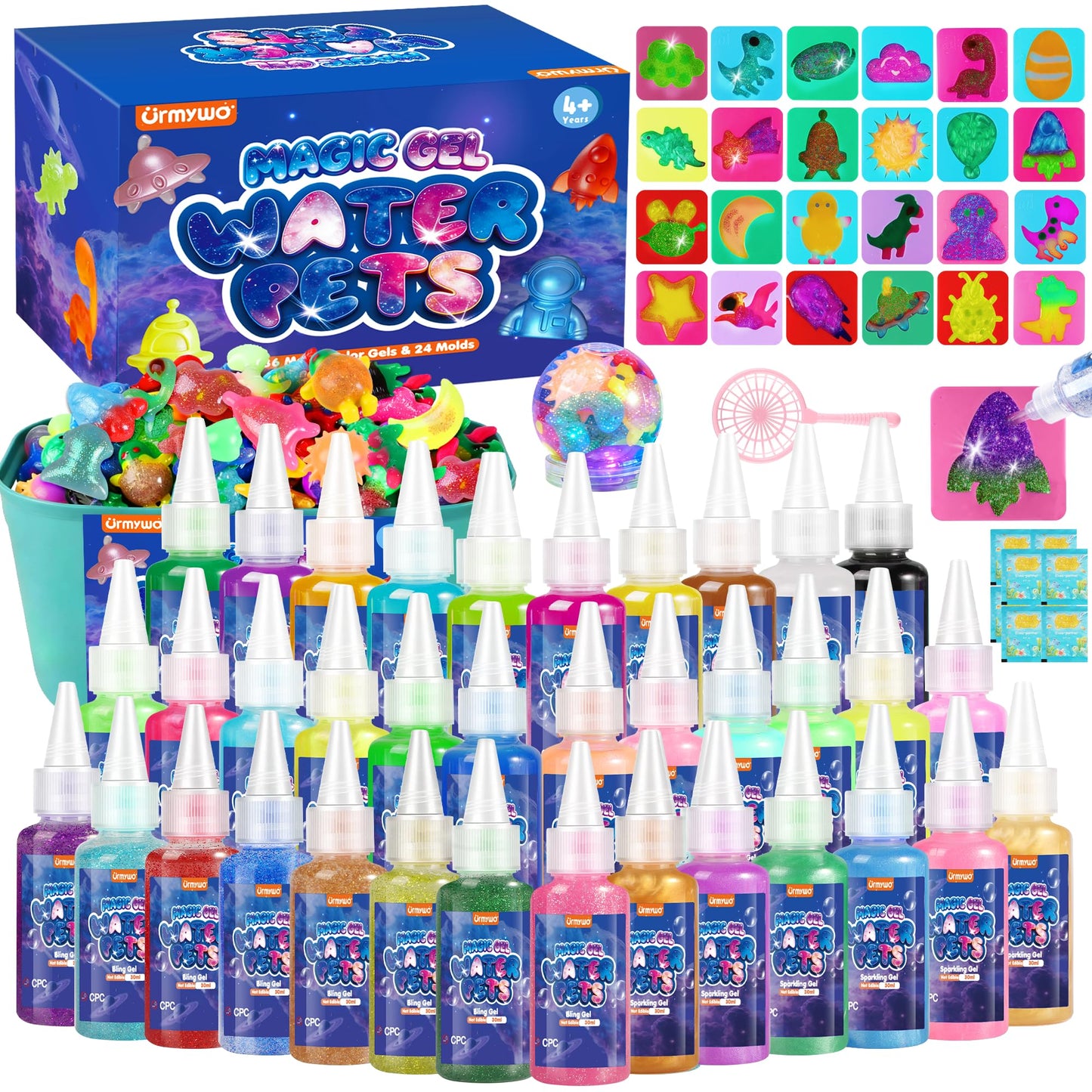Magic Water Elf Toy Kit, Water Pets Toys for Kids, 36 Gels & 24 Molds, Aqua Fairy Water Gel Kit Squishy Maker, DIY Dinosaurs Space Make Your Own Squishies Sensory Toys, Crafts Gifts for Boys Girls 4+
