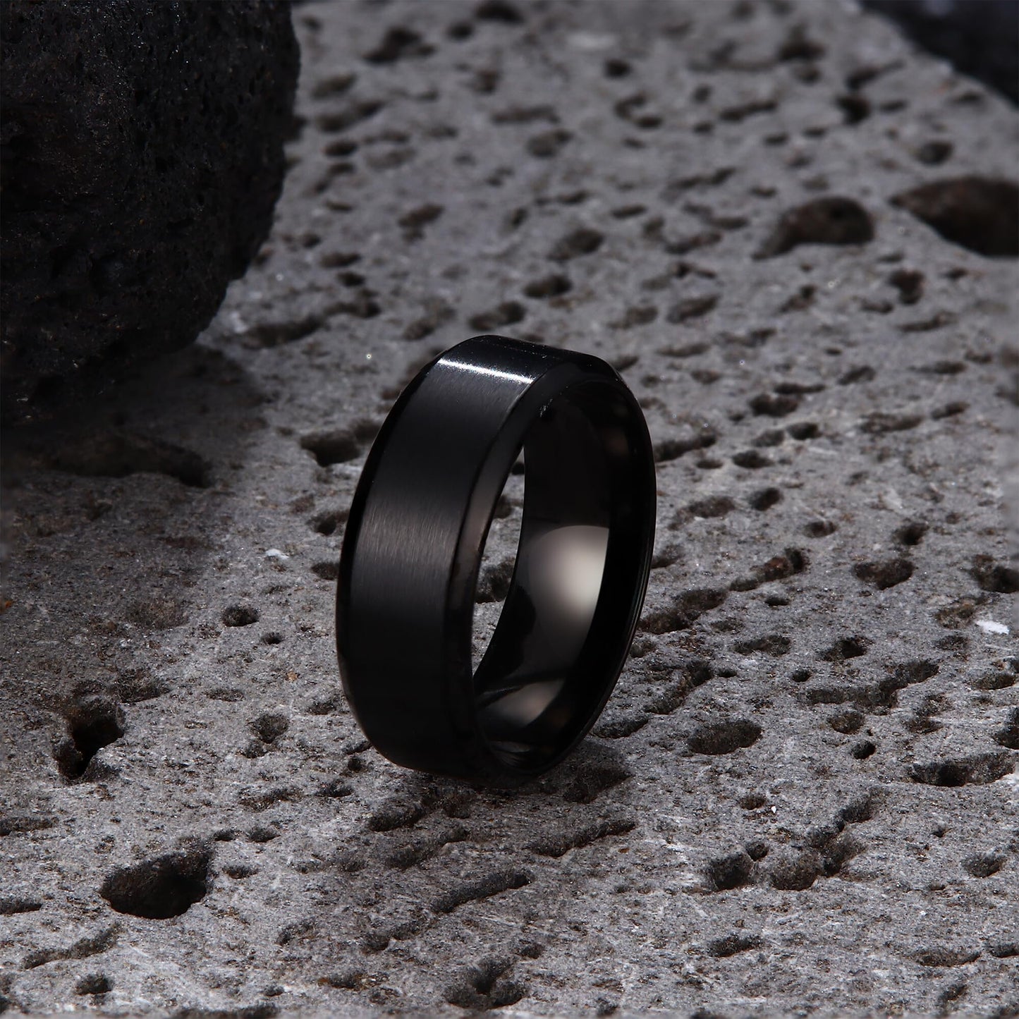 Jstyle Stainless Steel Rings for Men Women 8MM Wedding Band Rings Matte Surface - Beveled Polished Edge Mens Ring Size 6.5 Black Ring for Men
