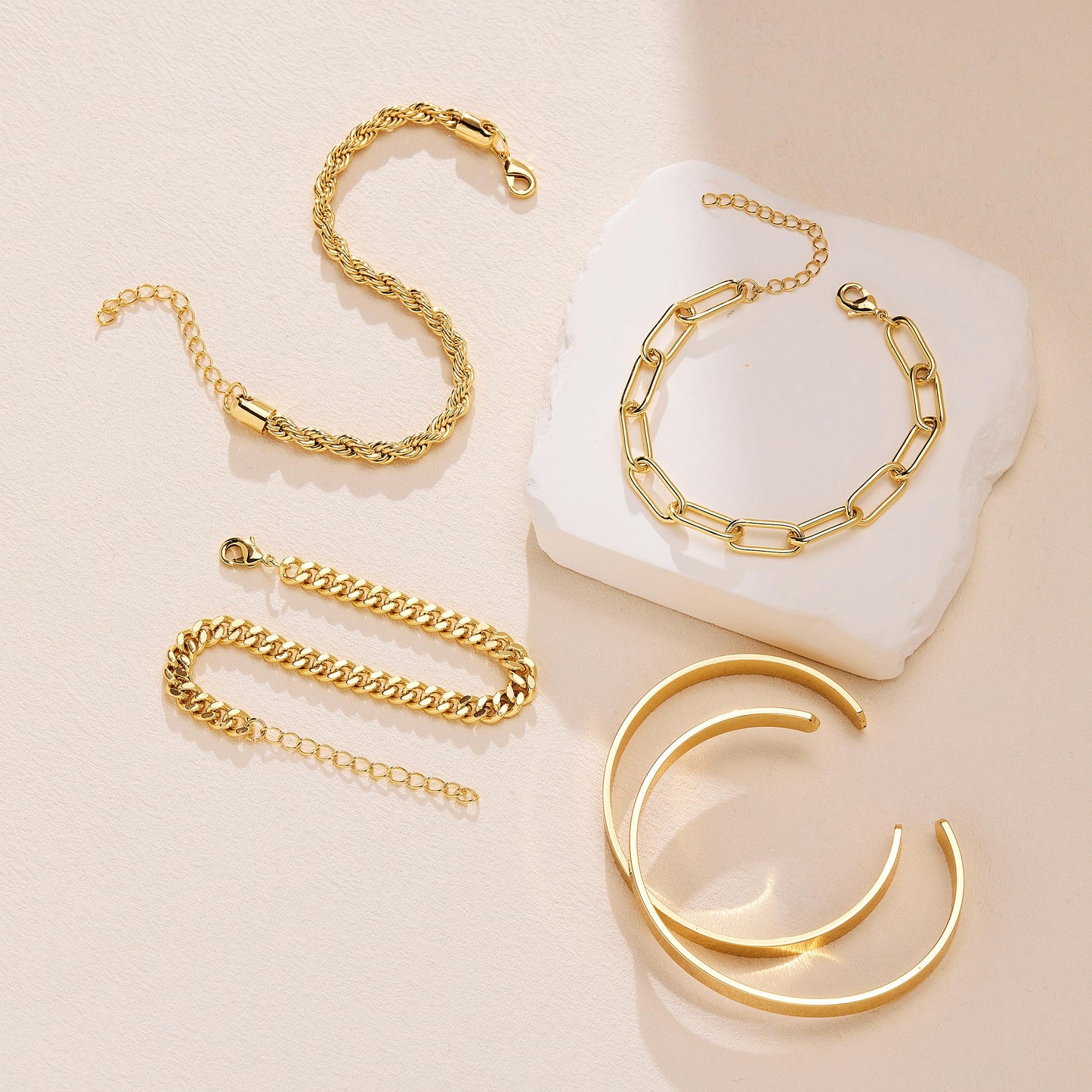 Gokeey Chunky Gold Bracelets for Womenc Trendy, 14k Gold Plated Cuff Bracelet Non Tarnish Rope Cable Paperclip Cuban Link Chain Bangle Bracelet Set Stack Jewelry