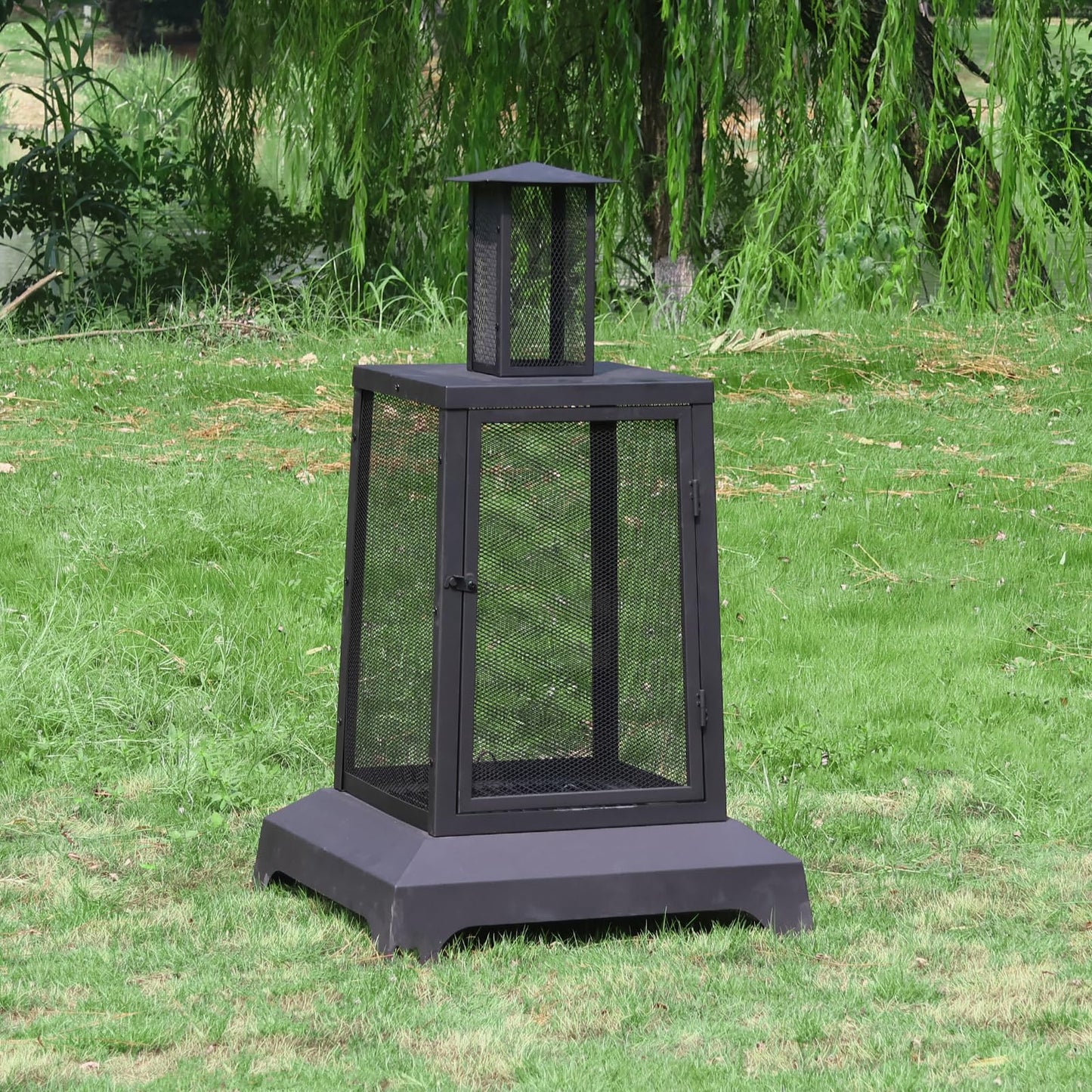 Walsport Chiminea Outdoor Fireplace, 43 Inch Wood Burning Fire Pit with Grill Grate and Spark Screen Cover, Outdoor Fire Pit for Patio, Backyard, Deck Porch and Camping, Black