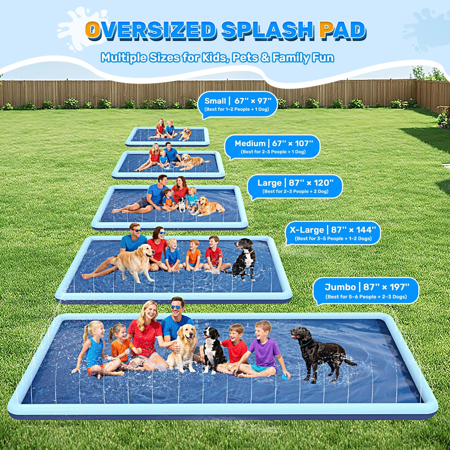 Bilibara 197"x 87" Splash Pad for Dogs, Non-Slip, Rantangle Splash Pad for Kids Ages 4-8,Giant Splash Pads for Toddlers 1-3, Dog Sprinkler Shallow Pool, Outdoor Water Toys for Backyard, Teal