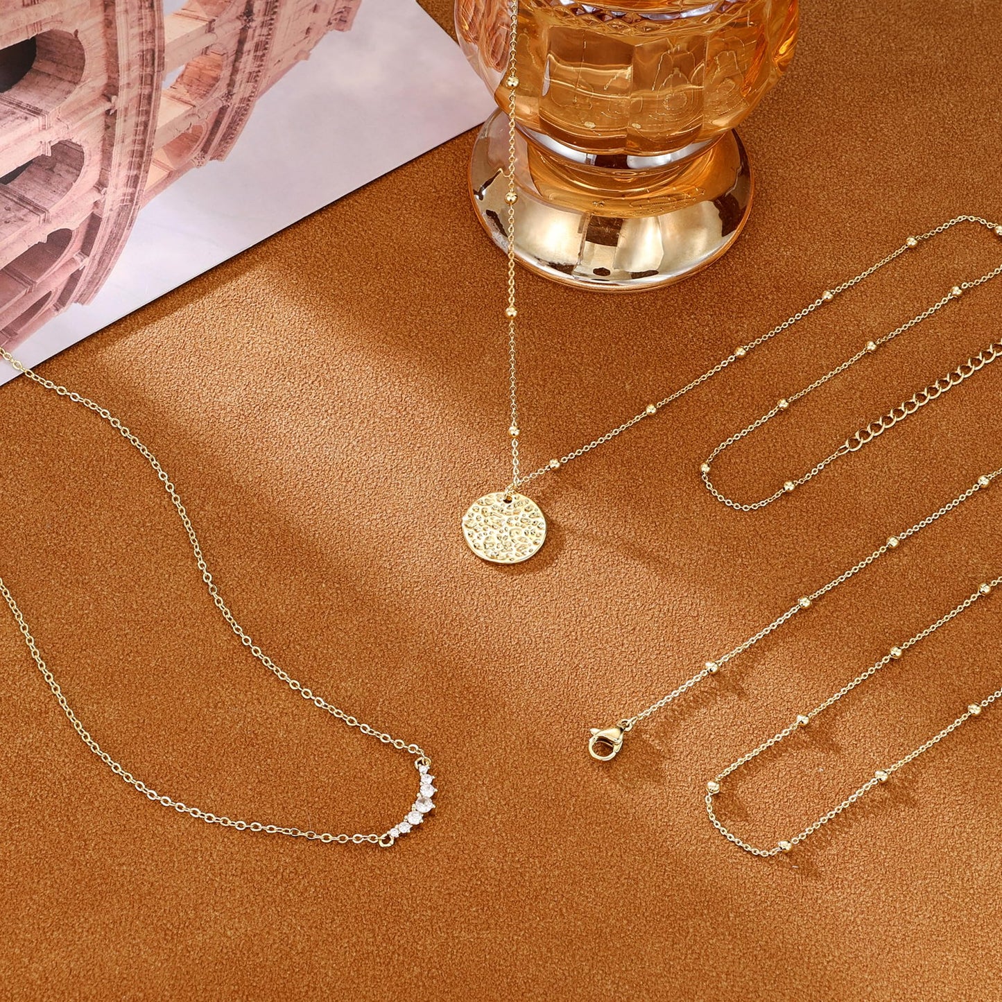 CHESKY 14K Gold Plated Layered Necklaces for Women,Stackable Dainty CZ Bar Disc Pendant Necklace Adjustable Layering Beads Chain Choker Necklace Jewelry Gifts