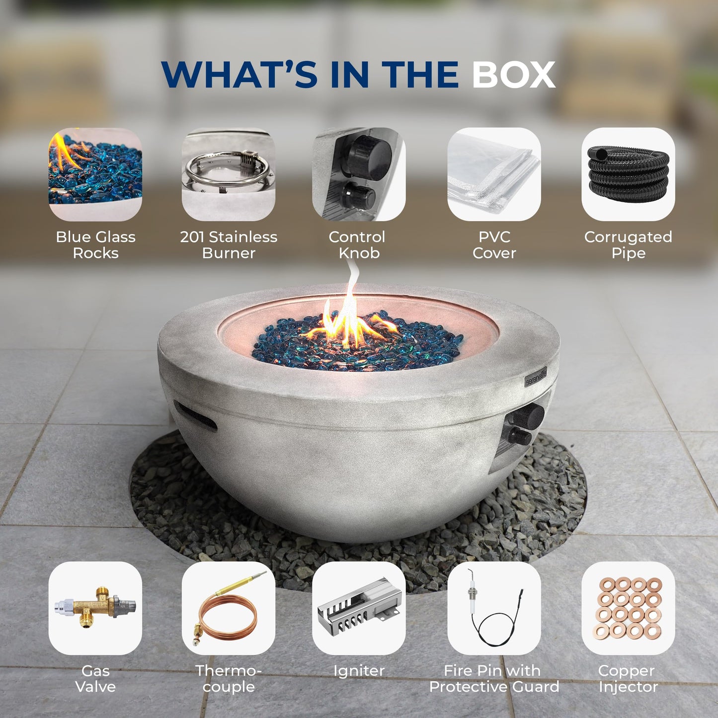 SereneLife 40,000 BTU Propane Fire Pit Table, Round Gas Fire Table with Adjustable Flame Height, Weather Resistant, Blue Glass Rocks, Safe and ETL Certified for Outdoor Use, 30" x 30" x 16.9" Inch