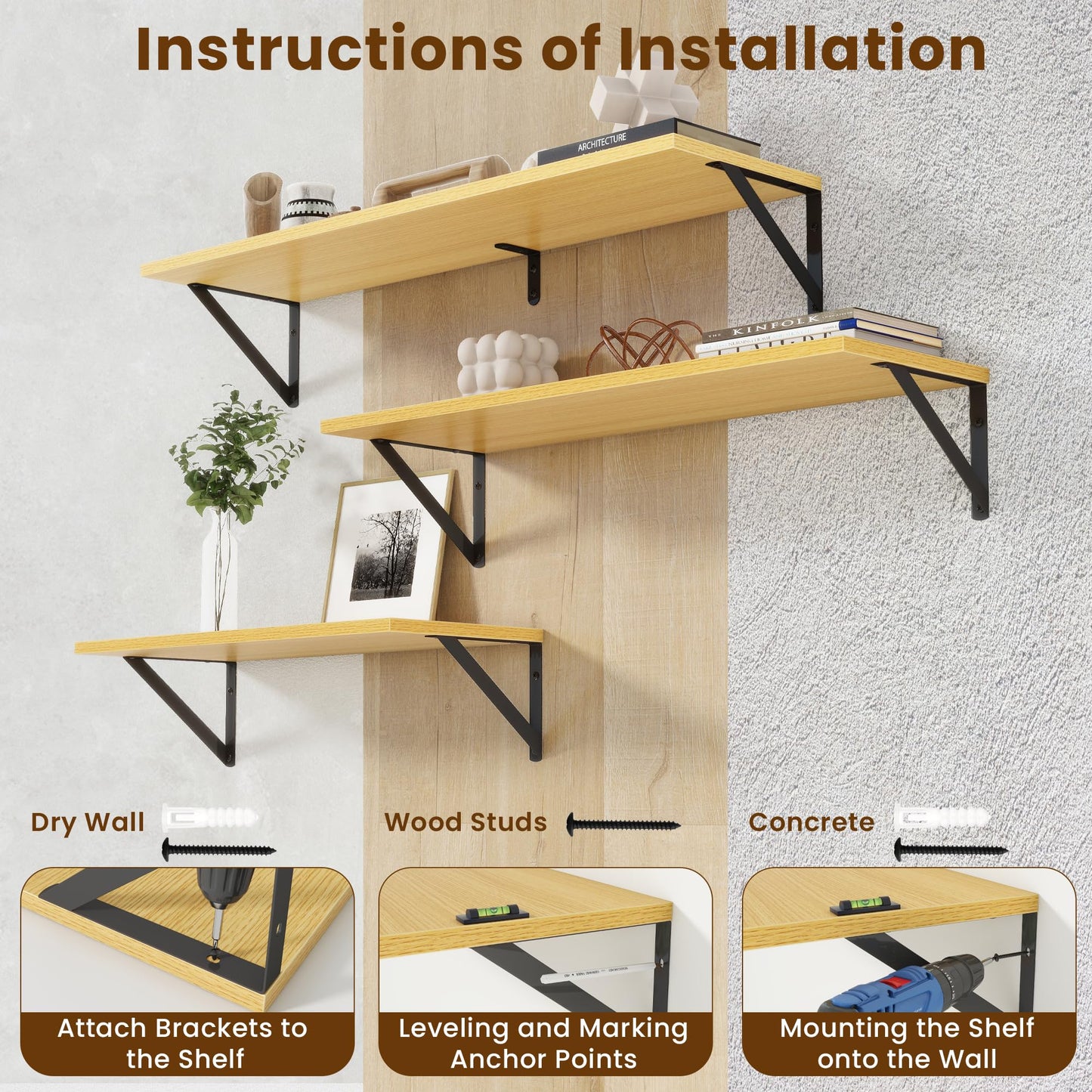 Acovy Floating Shelves for Wall,48" Wx8 D Wood Wall Shelves,Hanging Storage Floating Shelf with Metal Brackets,Wide Floating Bookshelf for Living Room,Office,Bedroom,Bathroom,Set of 2,Oak