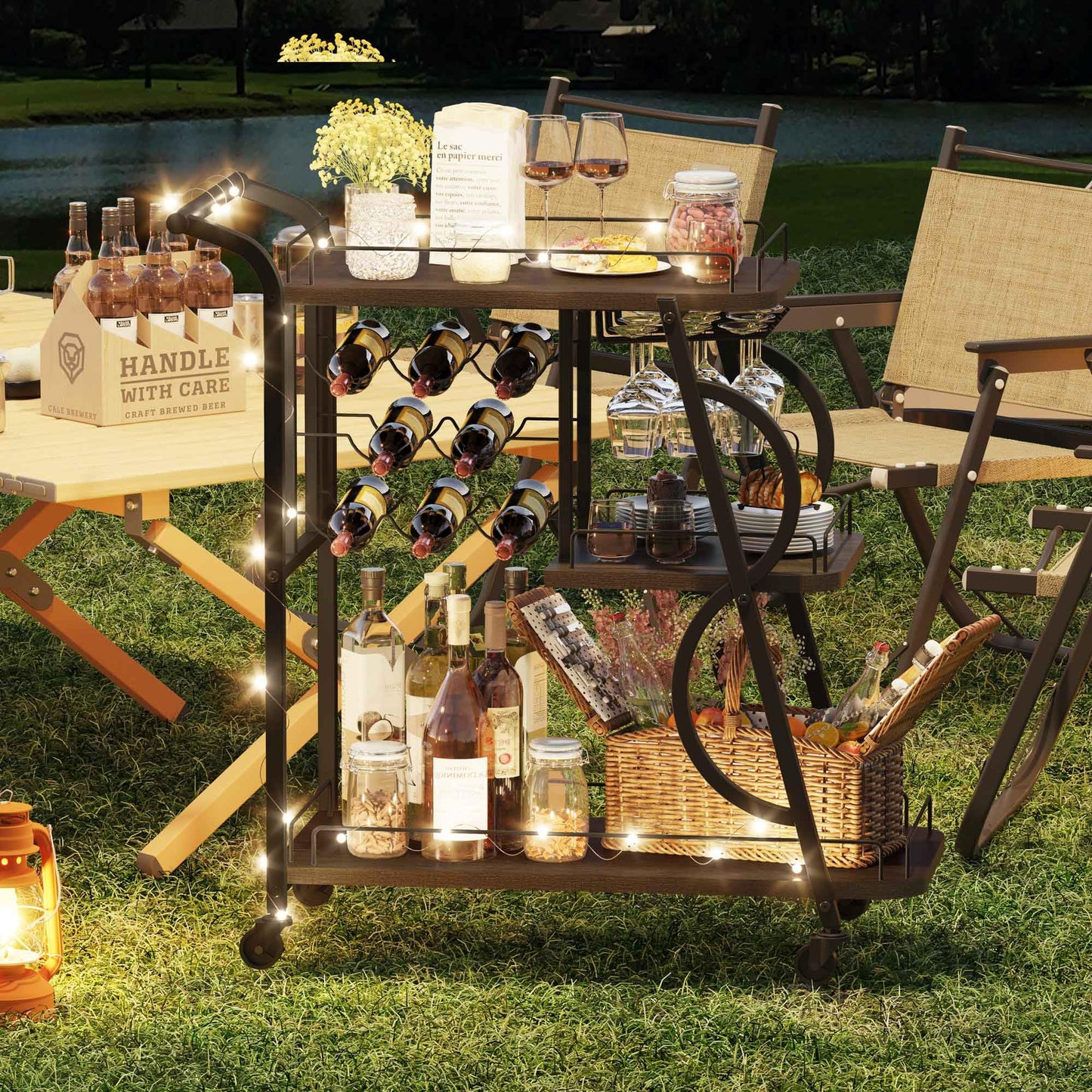 Aubtik Rustic Bar Cart, 3 Tier Rolling Bar Carts for The Home, Industrial Home Serving Cart with Wine Glass Holder, Wood Metal Liquor Trolley, Mobile Beverage and Drink Carts (Walnut Brown)