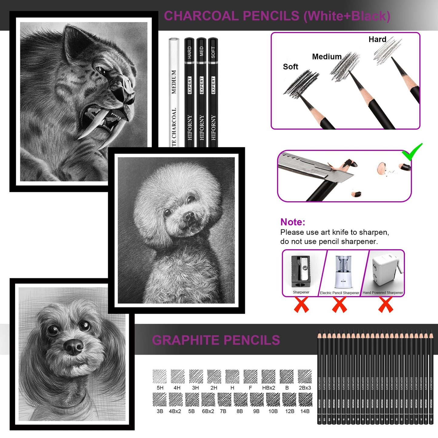 HIFORNY 58 PCS Drawing Kit Sketching Pencil Set,Sketch Pencils Art Supplies with 3-Color Sketchbook,Graphite,Charcoal,Blending Tools,Drawing Pencils for Adults Artists