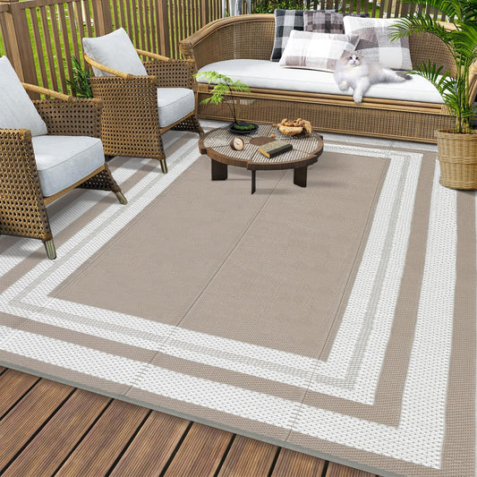 GAOMON Outdoor Rug 8x10 Area Rugs for Patio Waterproof Plastic Straw Rug Reversible Patio Rugs RV Camping Outdoor Carpet for Porch Patio Outside RV Deck Balcony Picnic Beach Decor Border-Coffee