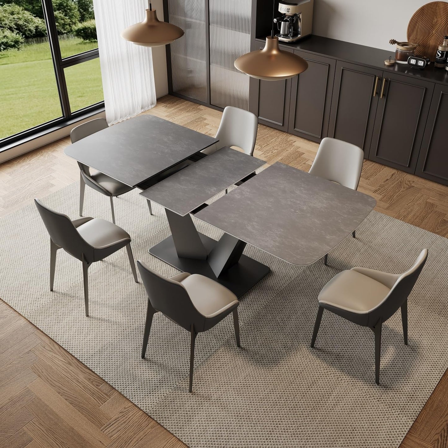 LCBANDIANMA Extendable Dining Table for 4-8, Modern Rectangle Dining Table with Sintered Stone Top and V-Shape Carbon Steel Pedestal, 62.3 "to 78.7" for Dining Room（1TABLE