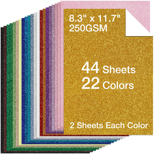 44 Sheets Glitter Cardstock Paper - 22 Colors A4 Sparkle Paper, 250 GSM Heavy Craft Card Stock for Cricut, Scrapbooking, Card Making, Party Decorations & Invitations | Non-Shedding Scrapbook Supplies