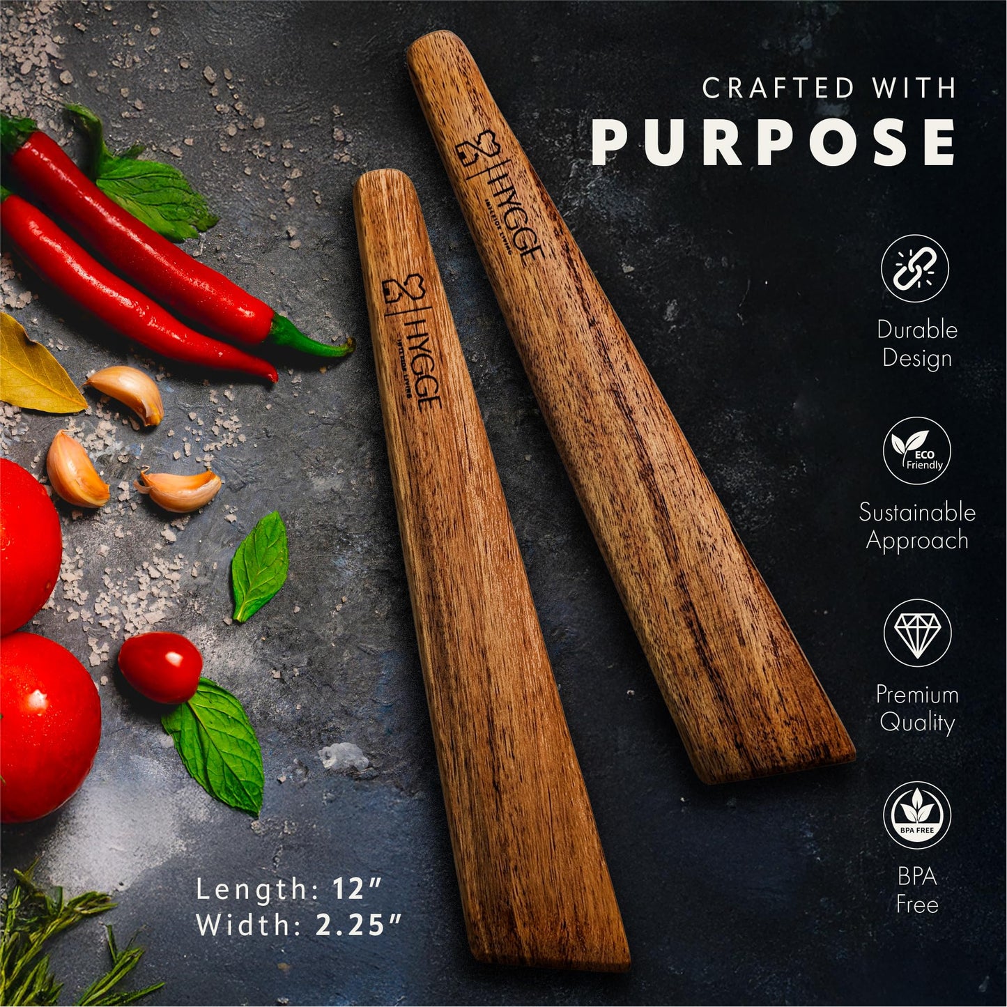 HYGGE INTERIOR LIVING Heirloom Acacia Wood Spatula Set - Professional Flat Turner for Cast Iron & Non-Stick, 12 inch Hand-Sanded Premium Hardwood, Designer Gift Box for Modern Kitchens - Set of 2
