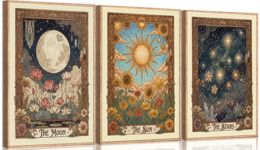 3Pcs Tarot Wall Art Vintage Sun And Moon Celestial Botanical Canvas Posters Print Boho Flower Mystical Astrology Painting for bedroom living room meditation space Decoration Unframed