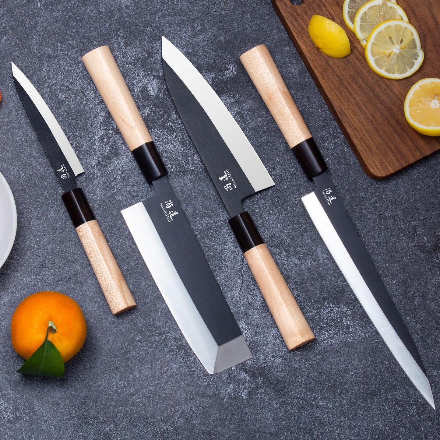 SHANGDAO Japanese Kitchen Chef Set Of 4 Knives Set Sushi Knife Set, Nakiri-Yanagiba-Deba-Utility Kitchen Knife,Fish Slicing Filleting Knife Sets, German Steel
