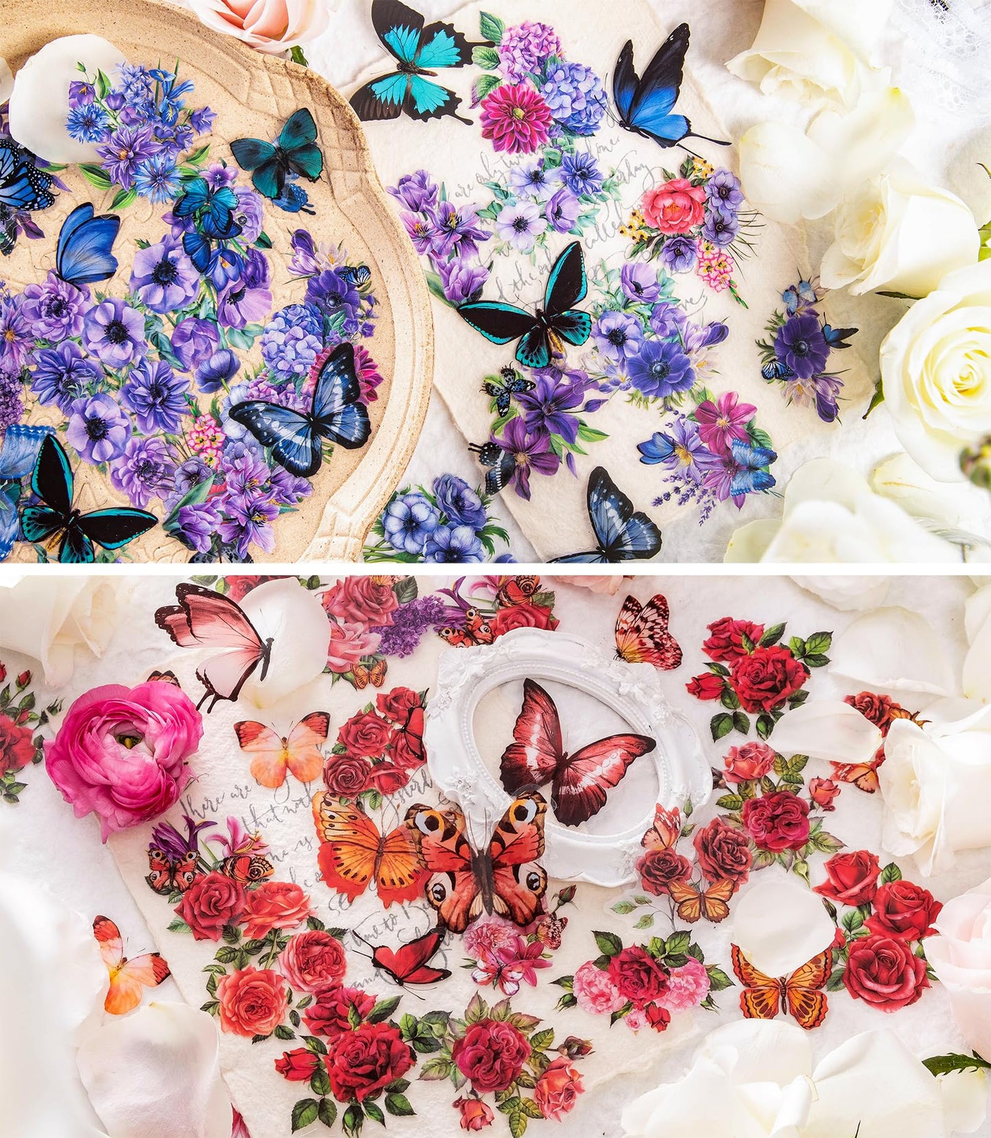 Knaid 300 Pieces Assorted Butterfly and Flower Stickers, Transparent Butterflies Floral Resin Decals Aesthetic Journaling Scrapbook Stickers for Card Making Bullet Junk Journal Planner Craft Supplies