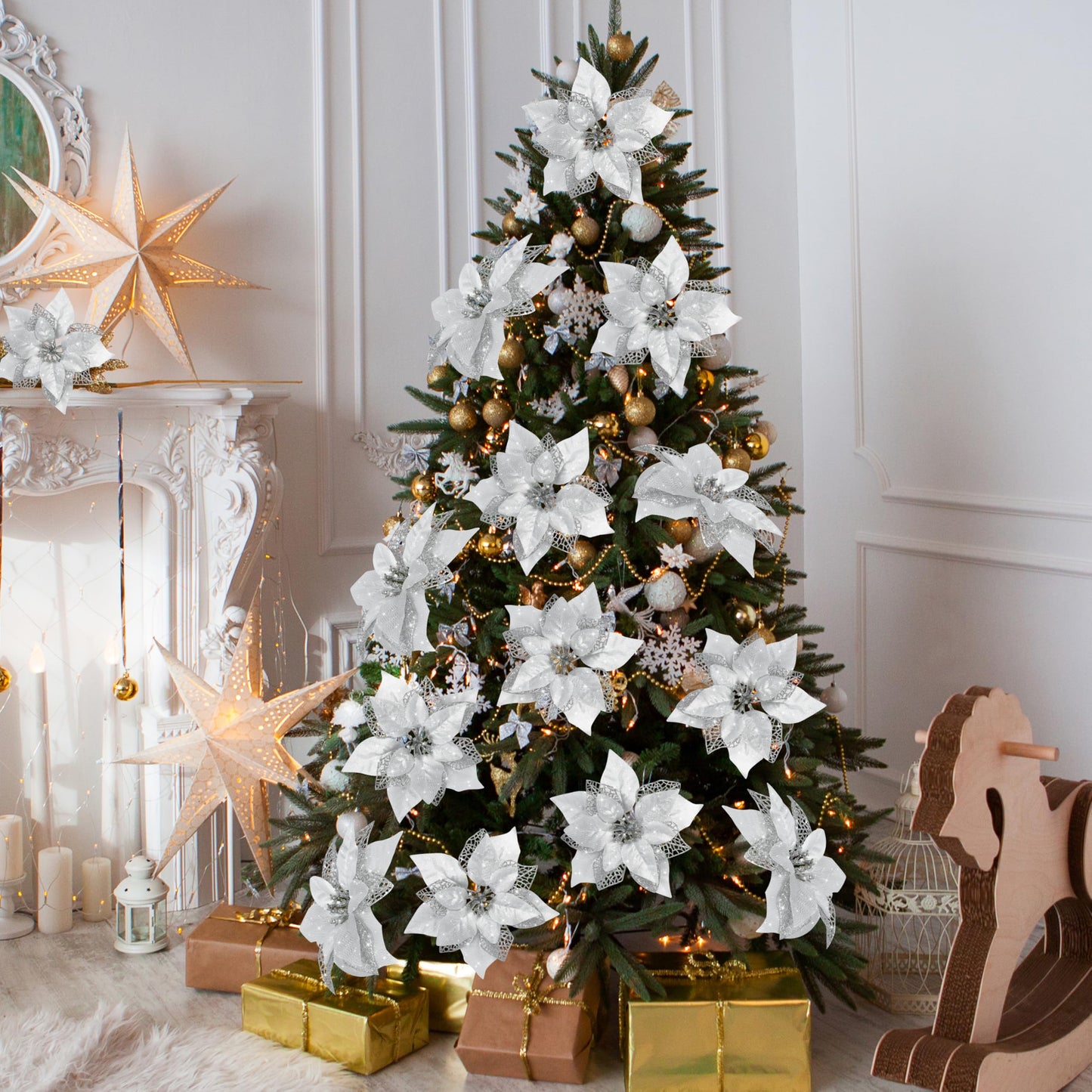 12 PCS Poinsettia Flower Artificial Poinsettia Christmas Decoration 8.7'' Silver Glitter Poinsettias Christmas Ornaments Christmas Tree Flower Decor with Clips DIY Xmas Wreath Holiday Home Party Decor
