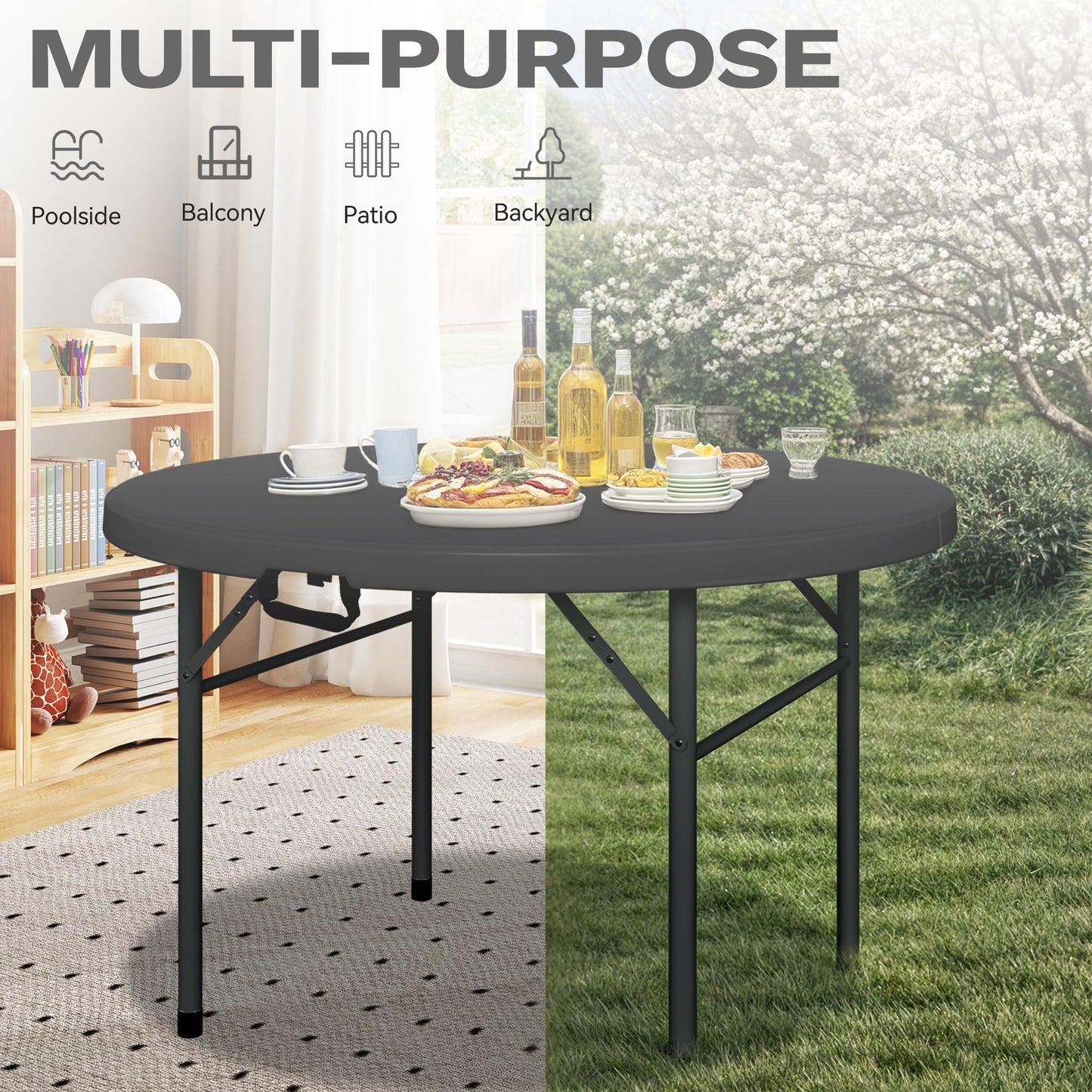 DWVO 48 Inch Folding Table for Outdoor/Indoor, Round Folding Table w/Sturdy Metal Frame, Lightweight Yet Thick Table Top Ideal for Patio Backyard Dining Room Events, Black
