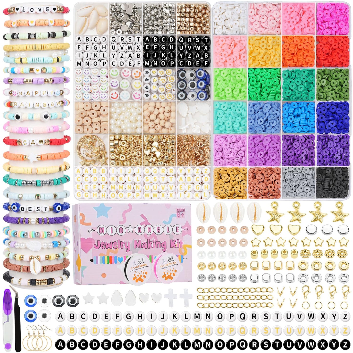 Mio Angle Clay Beads 2 Boxes 24 Colors Bracelet Making Kit, Round Letter Beads with Charm and Elastic Strings, Friendship Bracelets Holiday Gifts for Girls Adults