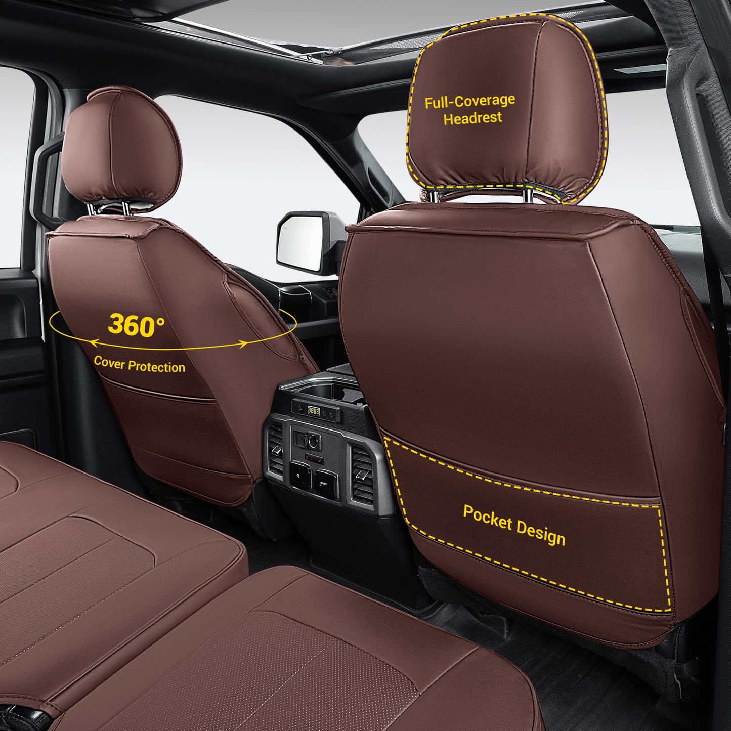 OASIS AUTO Custom Fit Seat Covers Compatible with Ford F150/F250/F350/F450 2015-25/Lightning 2022-24/Super Duty 2017-25 Waterproof Faux Leather Ultimate Truck Seat Covers (Full Set, Brown)