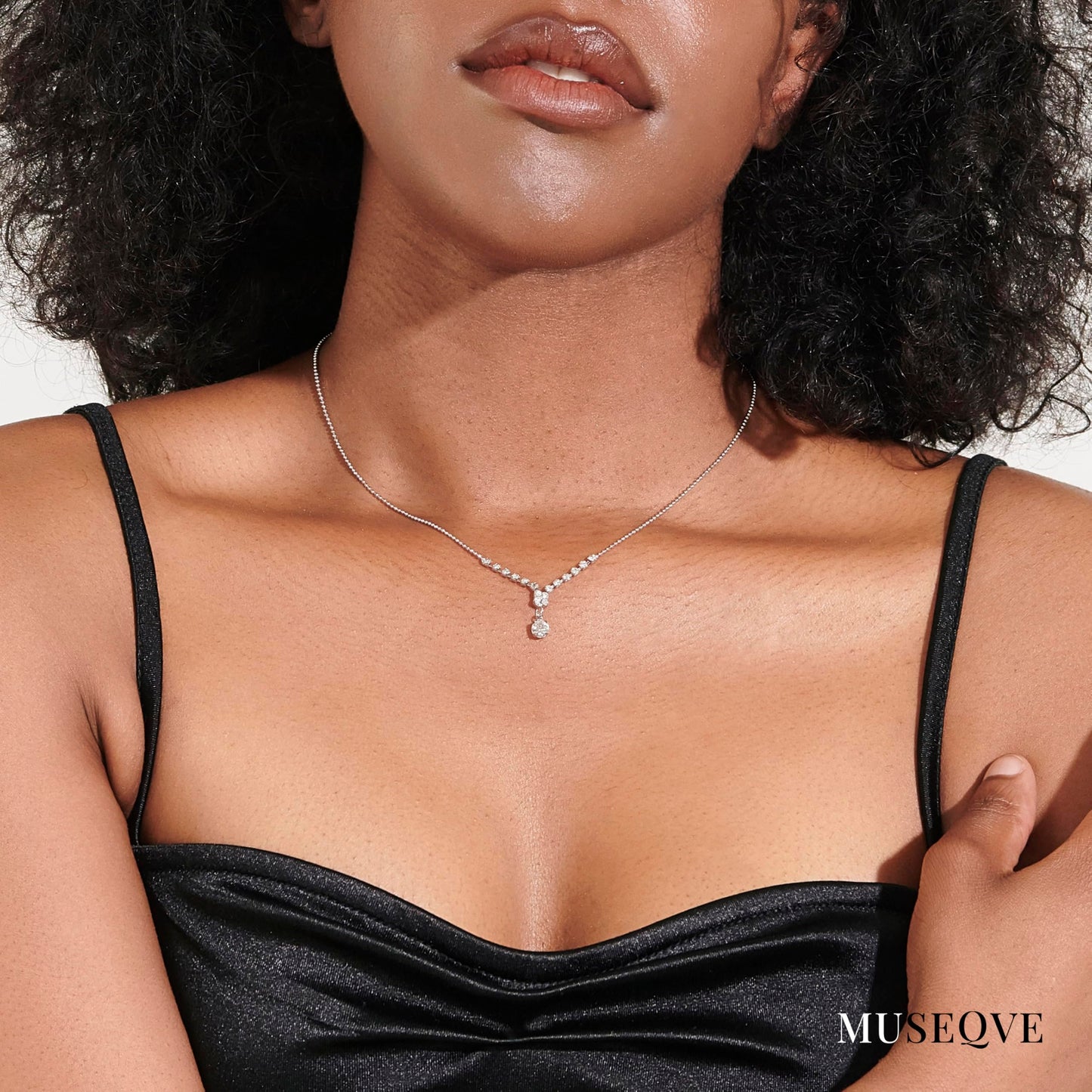 MUSEQVE CZ Drop Solitaire Necklace for Women • Y Shaped Lariat Necklace Round Cubic Zirconia Diamond Pendant Jewelry • Rhodium Plated Tarnish Free Adjustable Chain [CZN-Y-S]
