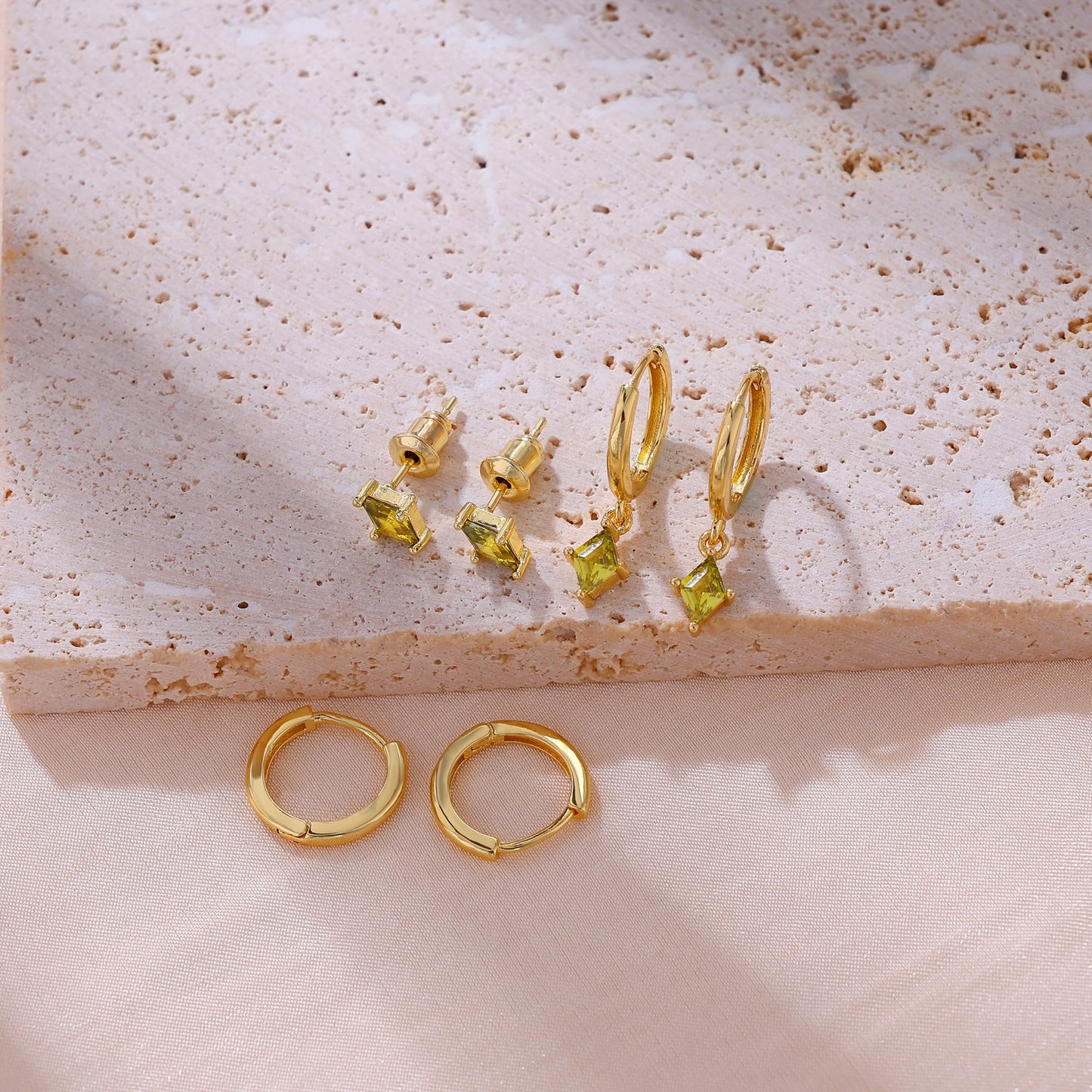 SELFROSE Dainty Gold Earrings for Women,Cute Hoop Huggie Earring 14K Gold Plated Green Trendy Small Cartilage Earring Set Hypoallergenic Drop Dangle Earrings Womens Jewelry
