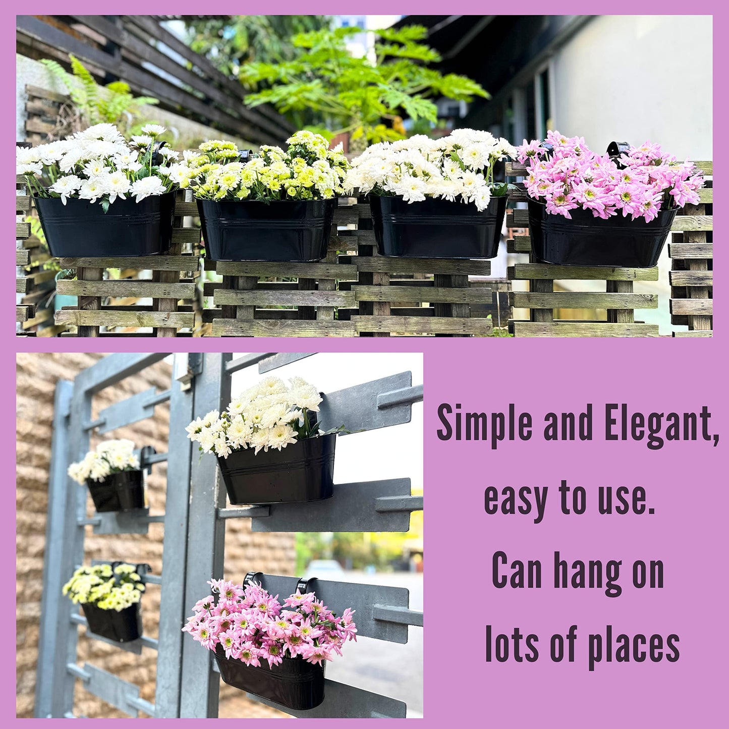 LaLaGreen Bundle - 6 Pack, 11.2 Inch Black + 6 Pack, 11.8 Inch Polka Dot Metal Iron Hanging Flower Pot Wall Mount Deck Railing Window Fence Bucket Box Plant Holder Modern Patio Porch Garden Decor