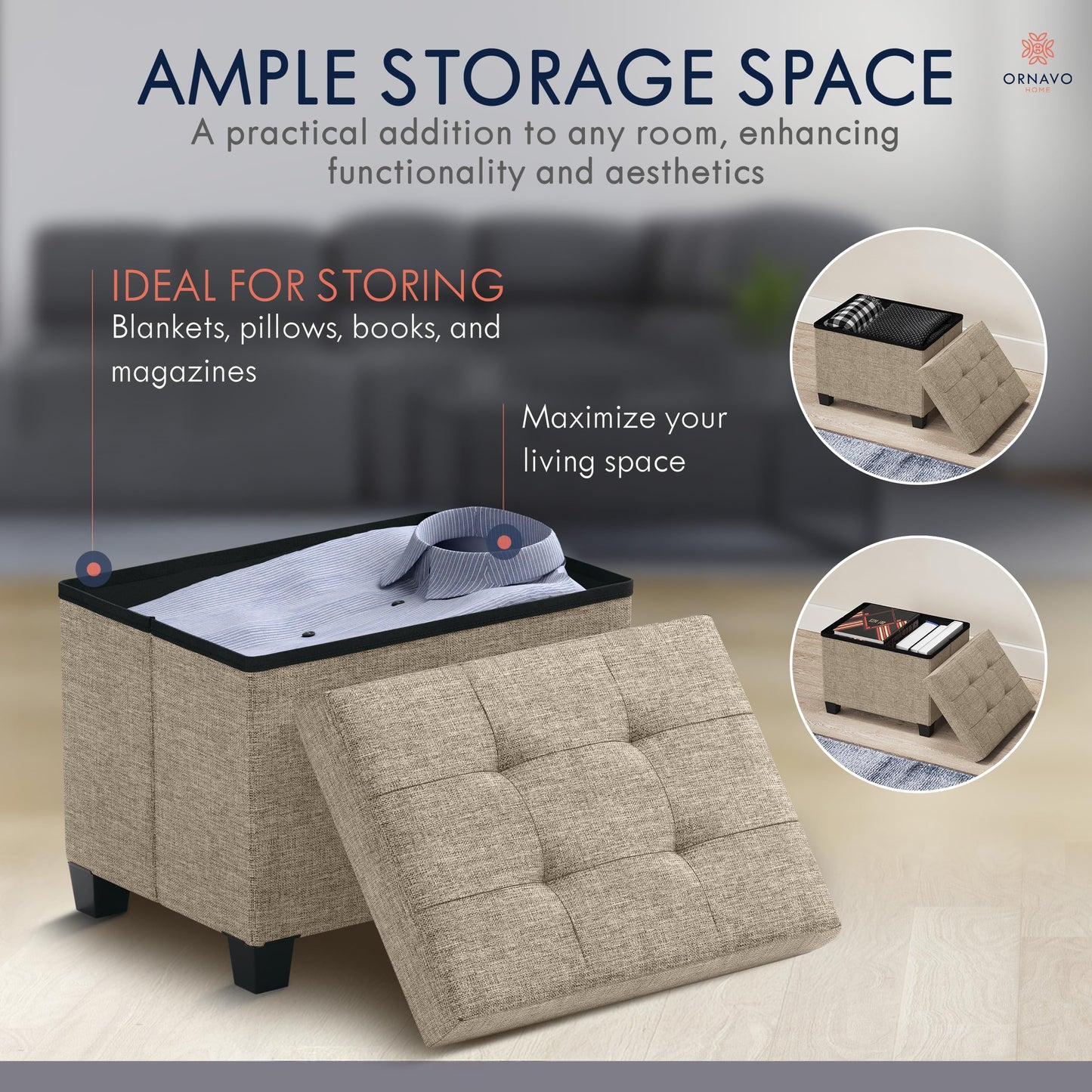 Ornavo Home Storage Ottoman Small Rectangle Ottoman with Legs, Foot Rest Stool Seat, Load up to 600 LB, for Living Room, Bedroom, Home Office, Dorm - 12 x 16 x 12, Tan