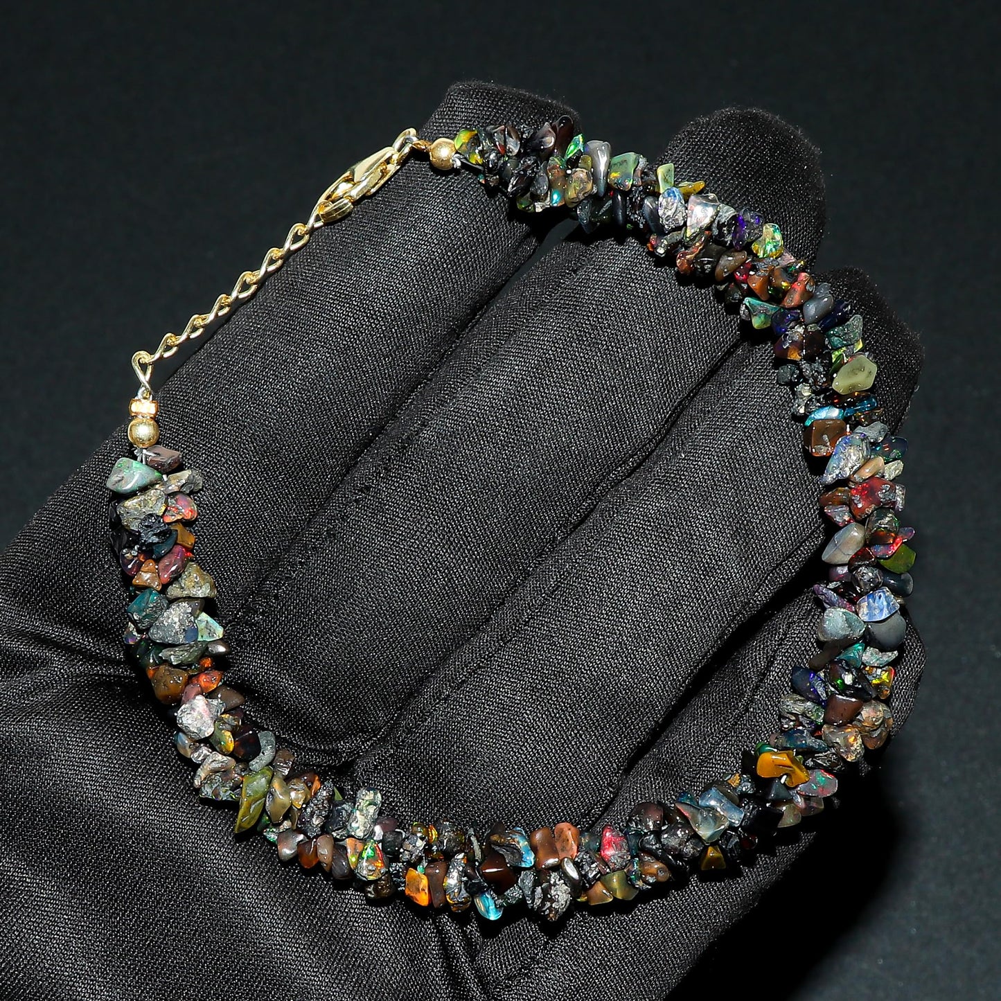 CRYSTALIS Natural Black-Opal Beads Braided Rope Bracelet, Chips Nuggets Beaded Gemstones, Chakra Healing Stones, Womens Jewelry, 14K Gold Plated 925 Sterling Silver Bracelet 8 inch