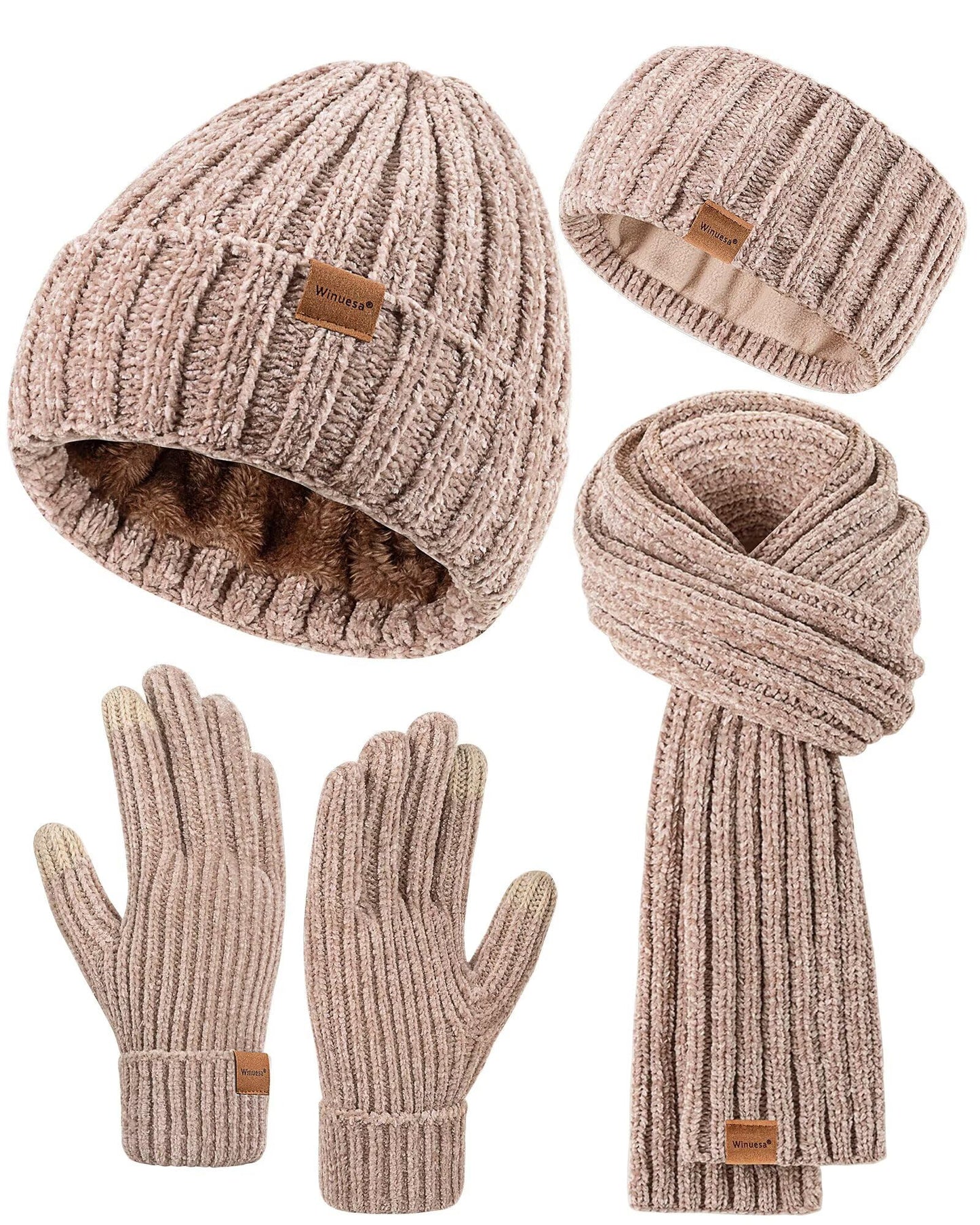 Women Beanie Scarf Gloves Headband Set, Chenille Winter Hats Fleece Lined Ear Warmer Knit Scarf Touchscreen Gloves 4 Gift Set