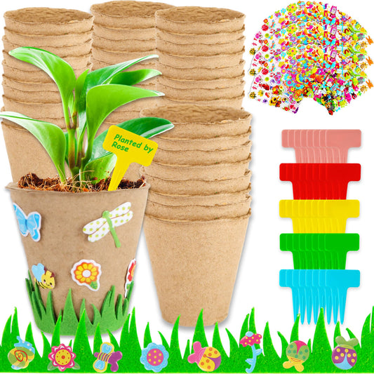 40 Set Garden Paper Craft Kit Include Round Paper Flowerpots Stickers Customized Self Adhesive Small Grass Labels DIY Flower Planting Pots Kit for Flower Plant Spring Summer Earth Day DIY Crafts