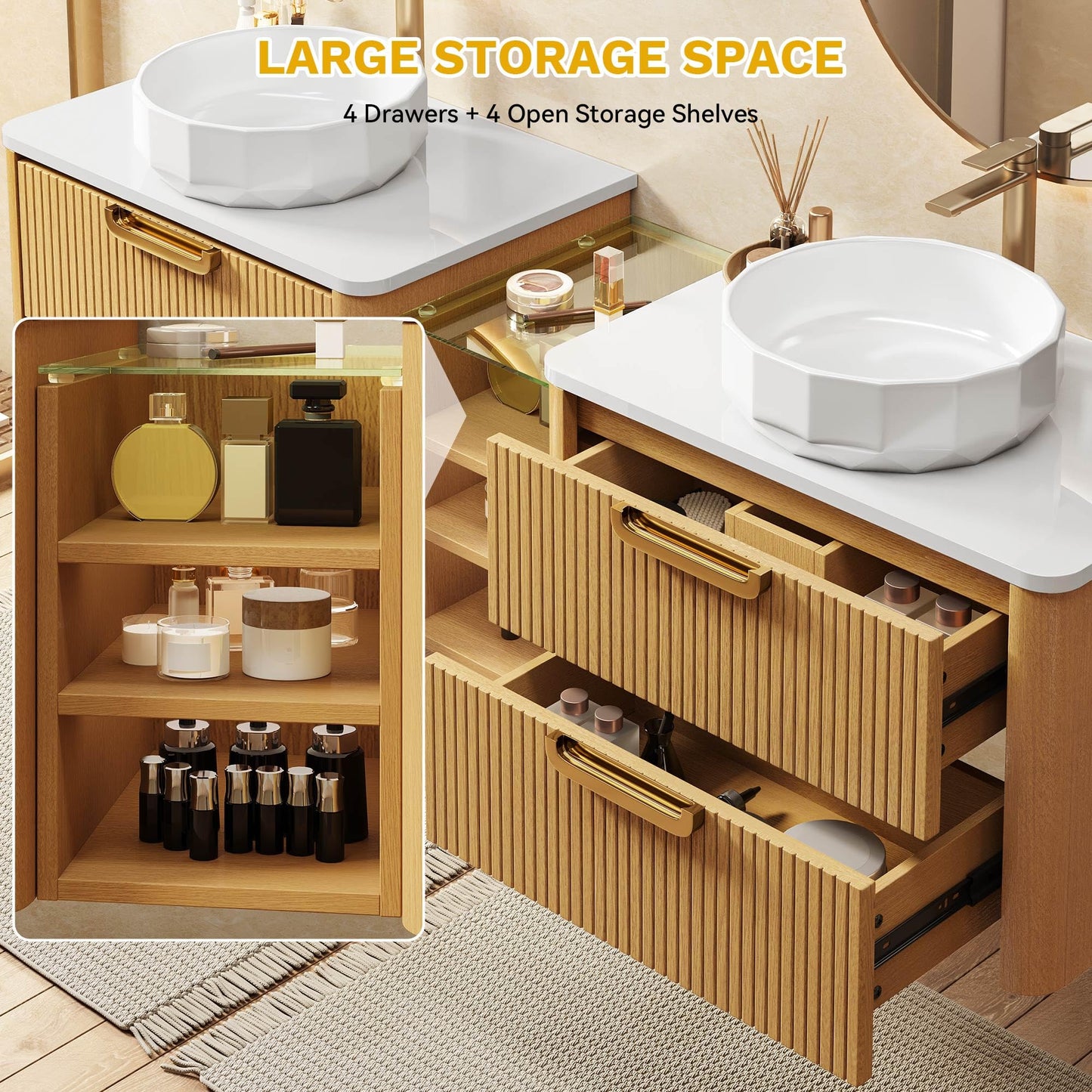 YITAHOME 72 Inch Floating Bathroom Vanity with 2 Faceted Ceramic Basins, Wall-Mounted Vanity with Engineered White Stone Top, 4 Large Storage Drawers & 4 Open Spaces, Wood Grain Texture, Light Walnut