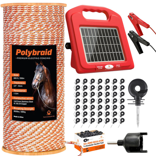 Pet & Livestock HQ - 660ft Electric Polybraid Fence with 5 Mile Charger and 50 Insulators - 3 Product Bundle