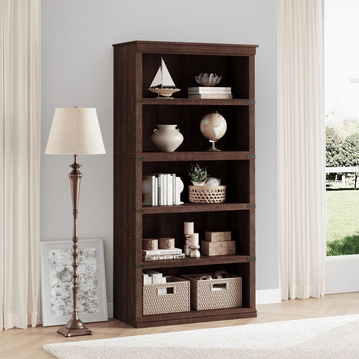 5 Tier Farmhouse Bookcase, 67.4" Tall Book Shelf with Storage, Wooden Bookshelves 5 Shelf Display Shelves for Home Office(67.4" H x 31.5" W x 12.8" D) (Reddish Brown, 67.4" H x 31.5" W x 12.8" D)