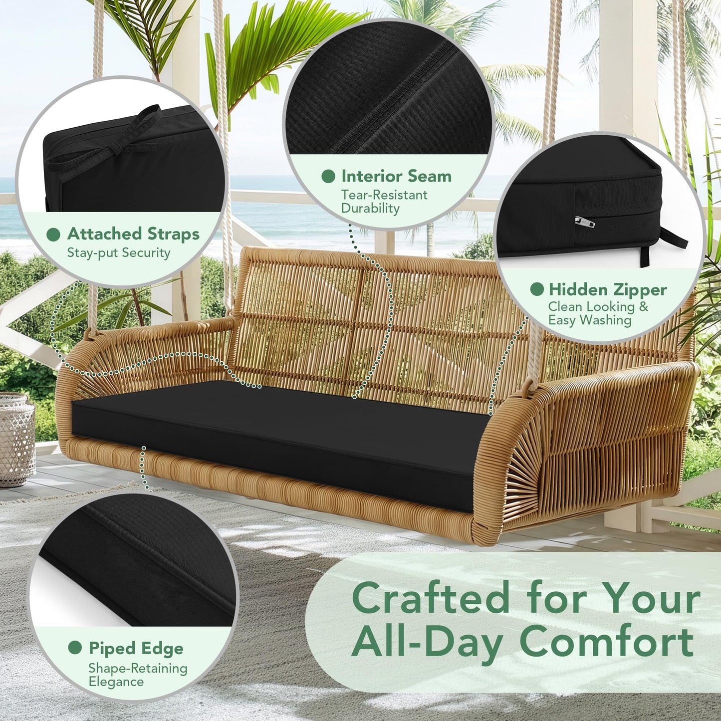 Summsun Outdoor Bench Cushion: Waterproof and Fade Resistant Patio Furniture Cushions - Non-Slip Bench Pad Cushion with Removable Cover for Garden Swing Porch Sofa Settee, 48 x 18 x 3 Inch, Black
