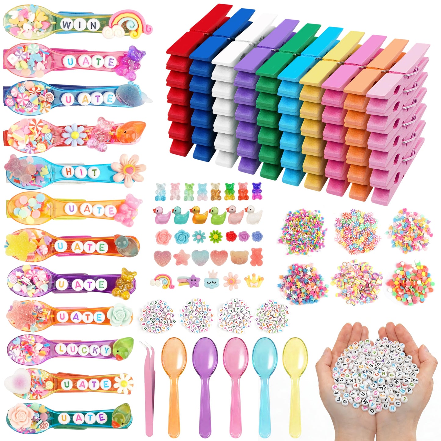 Fayoo 50 Pack DIY Cheer Pin Kit - 50 pcs Wooden Clothes Pins, U ATE Beads, Cheer Spoons and Charms for Pep Rally Cheerleader Gifts Team Spirit Gifts for Sports, Volleyball (Bright Color)