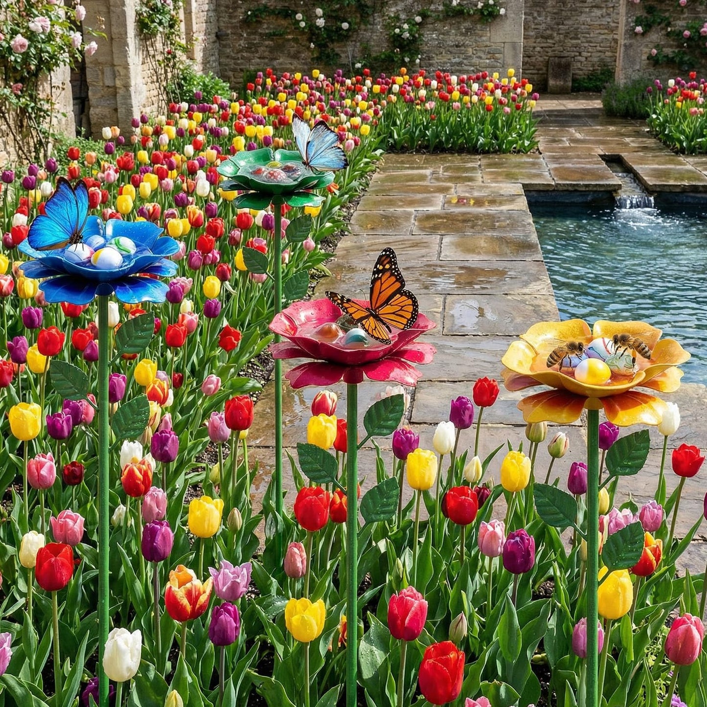 4 Pack Bee Watering Station, Butterfly Feeder, Bee Baths with 50 Glass Marbles, Bee Cups Water for Bees Garden, Outdoor Colorful Flower Design (Red,Green,Blue,Yellow)