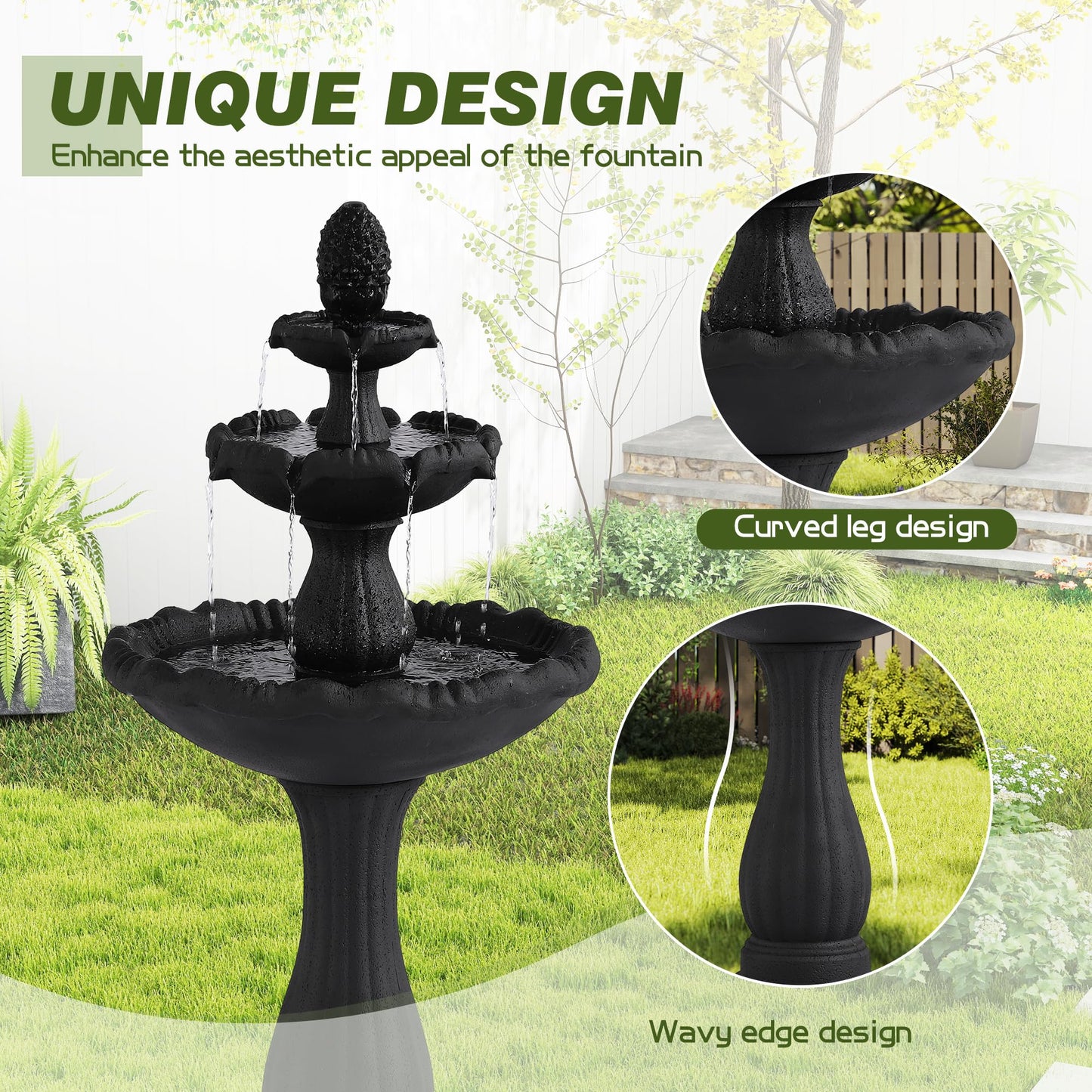Dephet Italian Outdoor Water Fountains, 47.4'H Outside Garden Fountains and Waterfalls, Large Floor-Standing Cascading Indoor Resin Bubbler Fountain Features w/Pump for Patio Yard Decor, Black