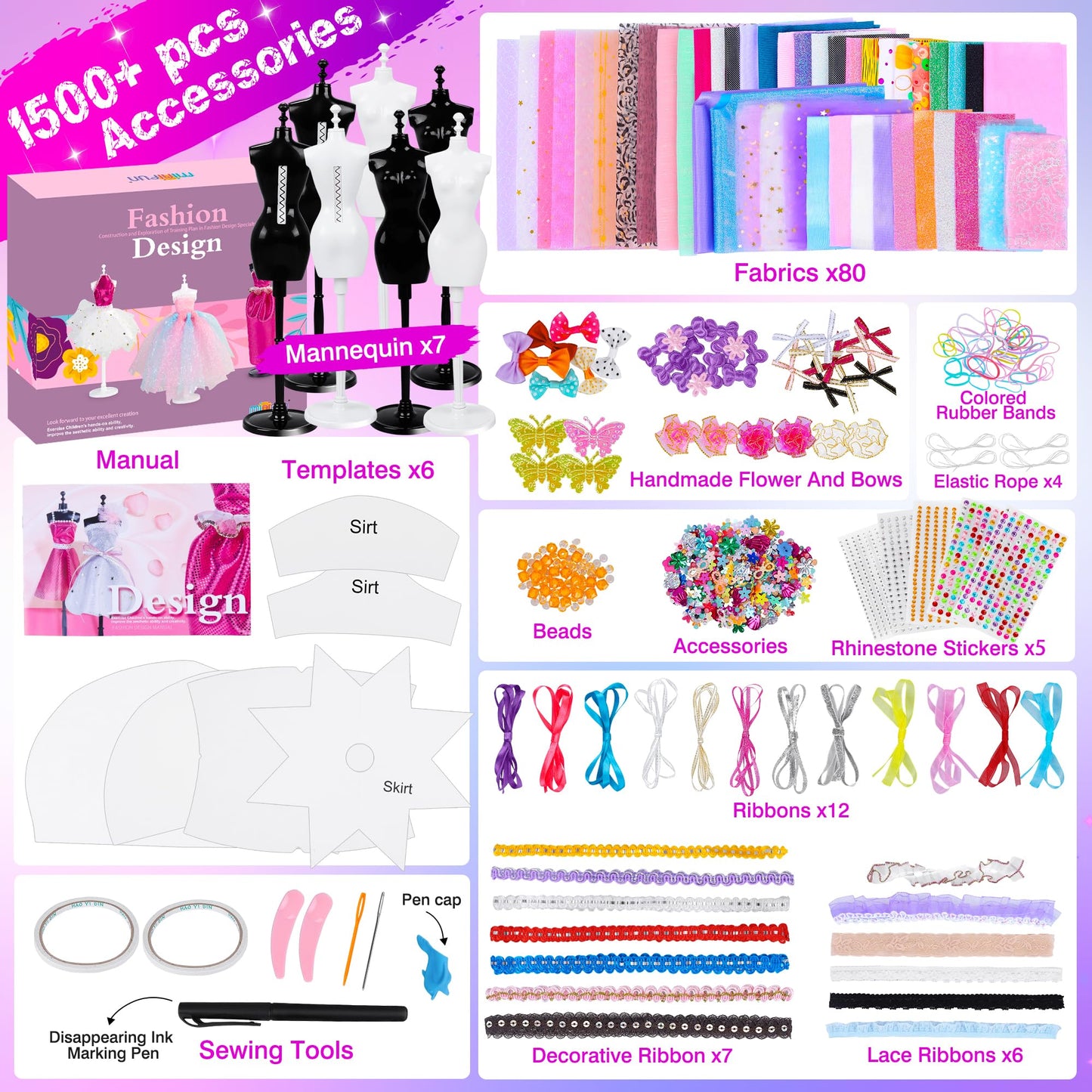 MINIFUN 1500+Pcs Fashion Designer Kit for Girls, Sewing Kit with 7 Mannequins, DIY Arts and Crafts Kit for Kids, Doll Clothes Making Kit, Girl Toys for Age 6 7 8 9 10 11 12 Year Old Gifts
