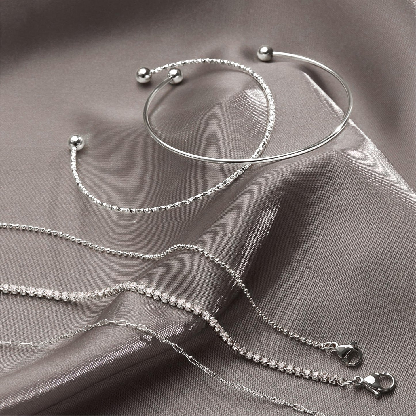 Silver Bracelets for Women 925 Silver Plated 5 Pcs Set - Dainty Stackable Waterproof Stainless Steel Jewelry - Minimalist Paperclip Beaded Tennis Bangle Bracelet Set for Women Gifts
