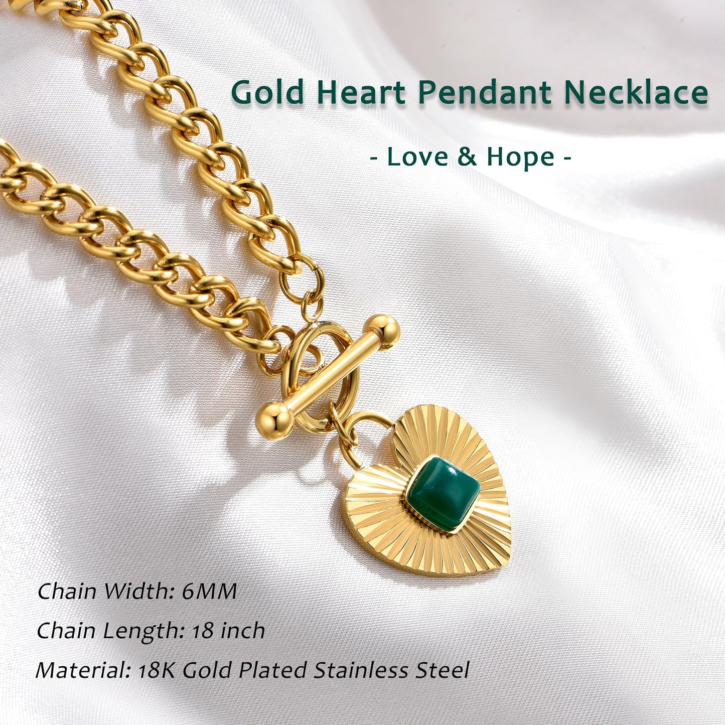 NUZON Natural Green Agate Heart Pendant Necklace for Women - 18K Gold Plated Stainless Steel Chunky Cuban Chain Toggle Clasp, 18'' Love & Hope Healing Stone Sunburst Jewelry
