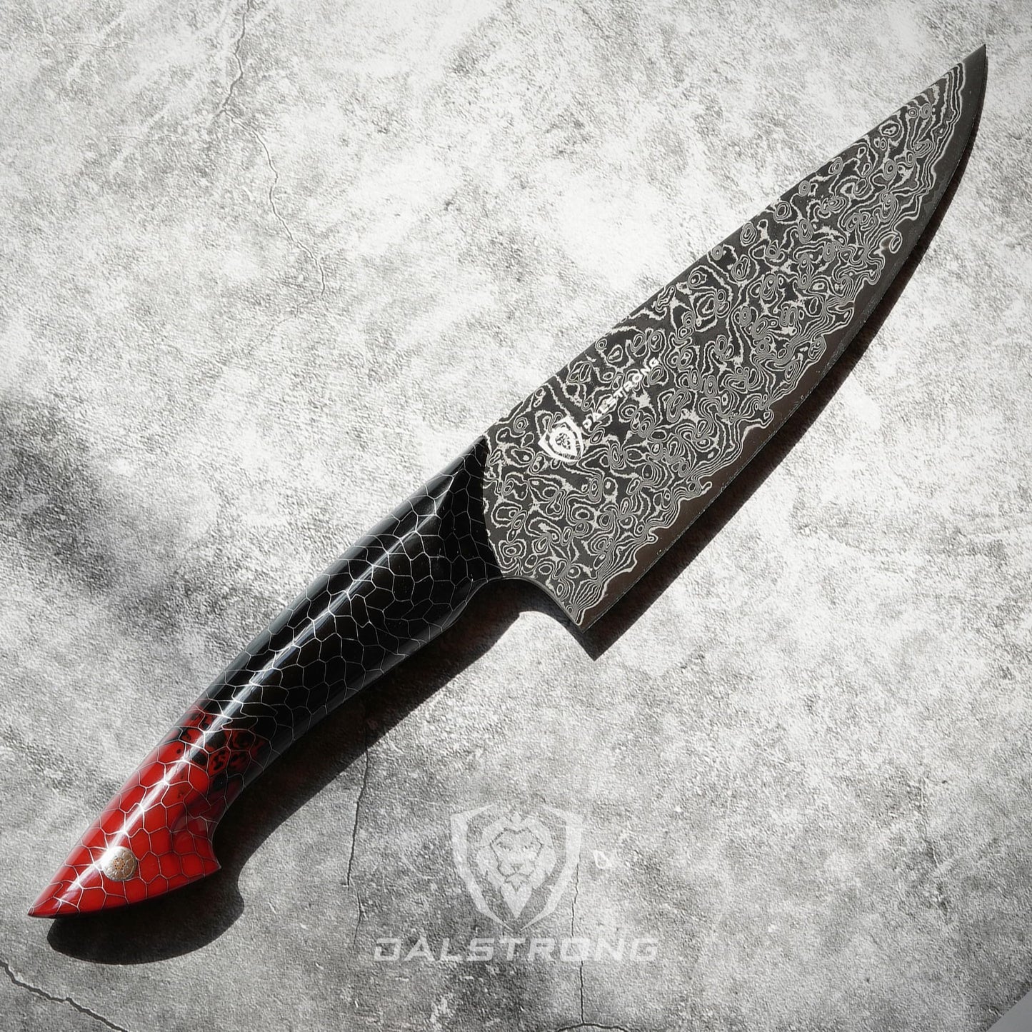 Dalstrong Chef Knife - 8 inch Blade - AUS-12V Exclusive Japanese Steel - Black Damascus Full Tang - Honeycomb Handle - Chef's Knife - Scorpion Series - Razor Sharp Kitchen - Leather Sheath
