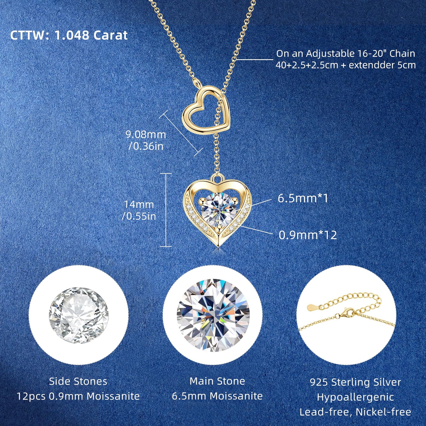Moissanite Lariat Necklace for Women Heart Slip Chain Necklace 16-20 Inches Adjustable Long Chain Y Shape Necklace Gold Plated 925 Sterling Silver Love Pendant Jewelry Gifts for Wife, Girlfriend, Mom, Birthday, Anniversary Present