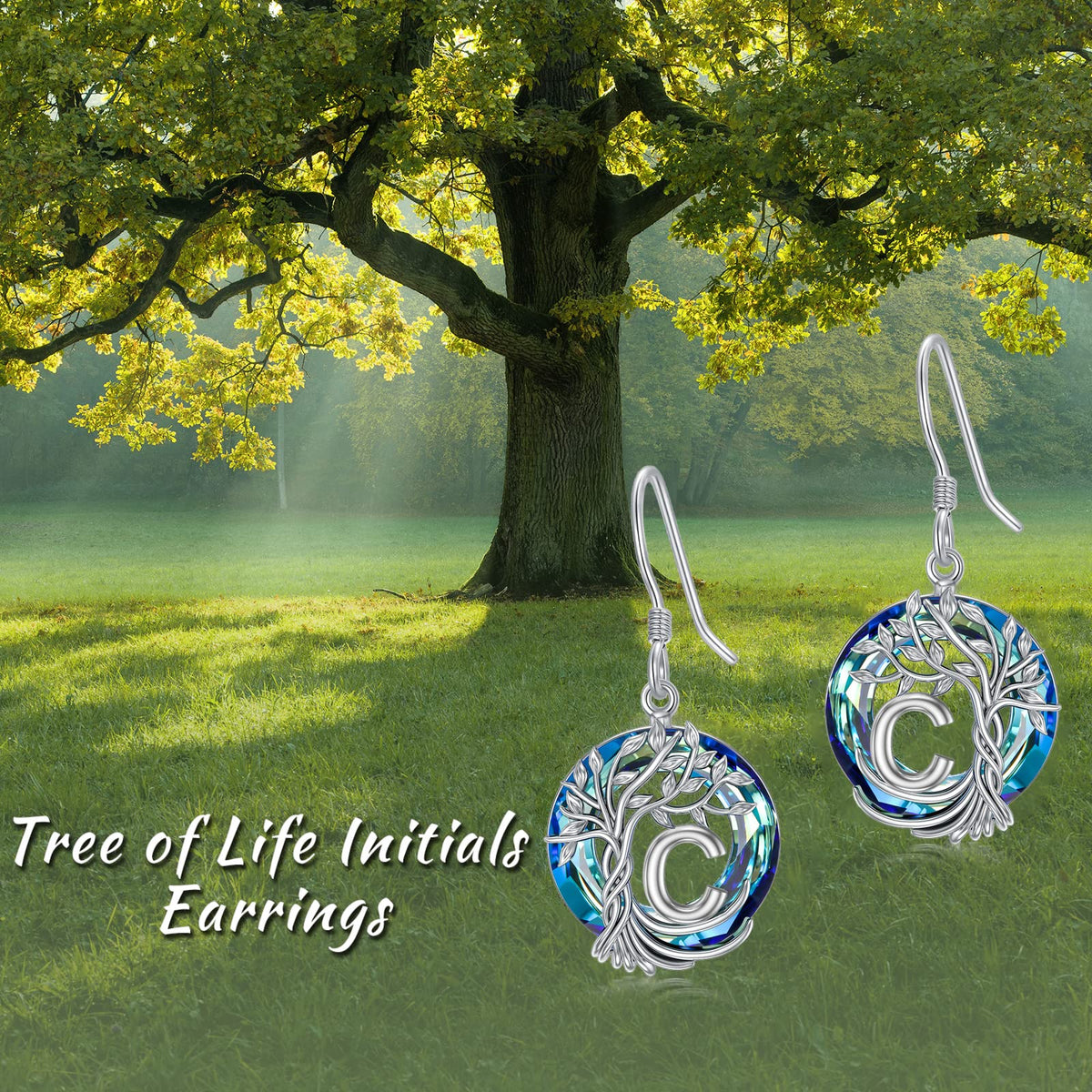 TOUPOP Tree of Life Initial Earrings Sterling Silver Initial B Letter Drop Dangle Earrings Blue Circle Crystal Family Tree Jewelry Birthday Mothers Day Gifts for Women Mom Her