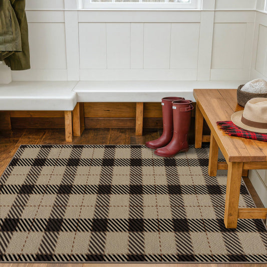 Washable Plaid Indoor Outdoor Rug 3x5 for Front Porch, Entryway, Patio, No Shed Easy Jute Non Slip TPR Backing Area Rug for Large Kitchen, Farmhouse Black & Tan Checkered Seegrass Aesthetic