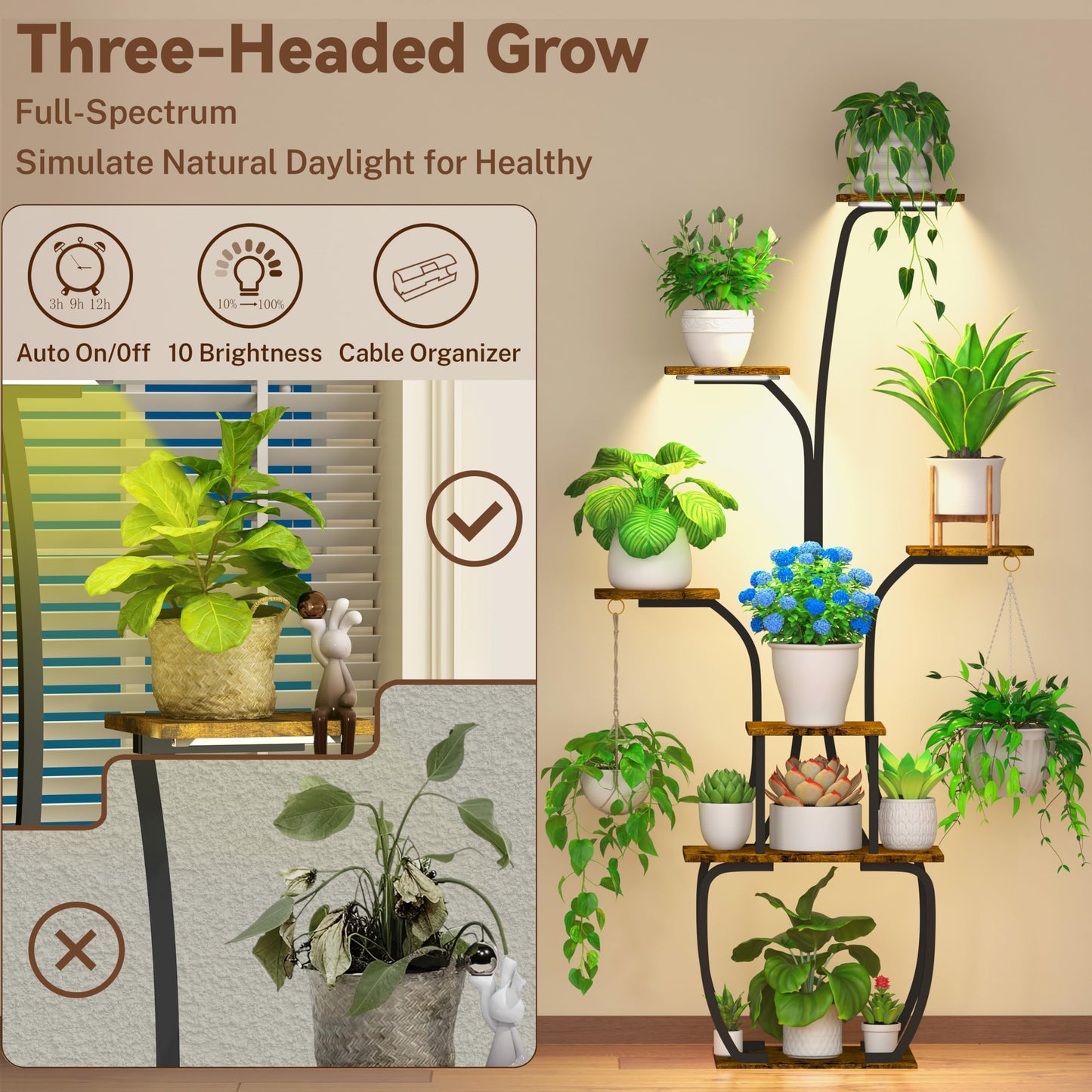 YIIHEERR Plant Stand Indoor with Grow Lights, 7 Tiered 55" Tall Plant Shelf, Heavy Duty Metal Corner Flower Pot Holder Rack, Multi-Tiered Display Organizer with Gardening Tools