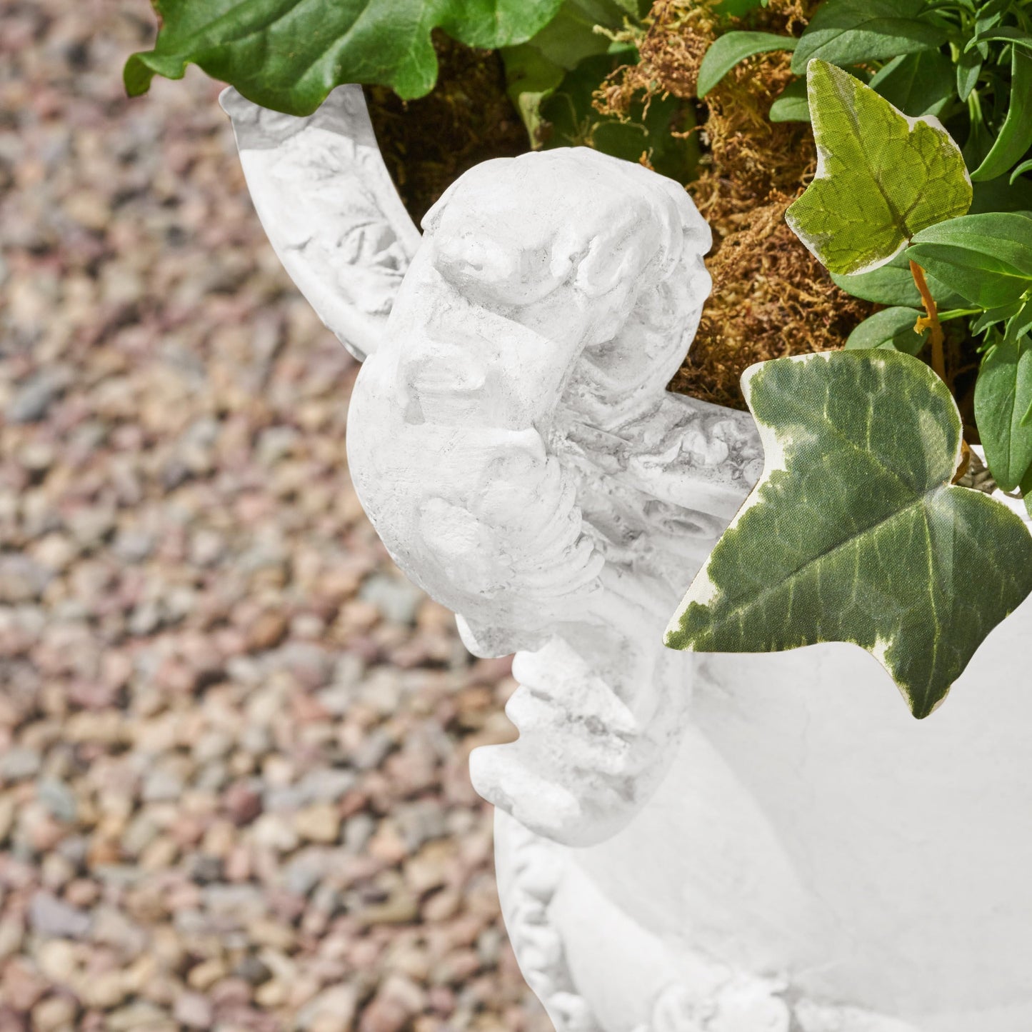 Christopher Knight Home Jorine Patio Planter, Light Concrete Planter, Mid-Centry Gadern Urn, Floral Relif Design, Large Garden Pot, Flower Urn with Drainage Hole for Backyard Home, Antique White